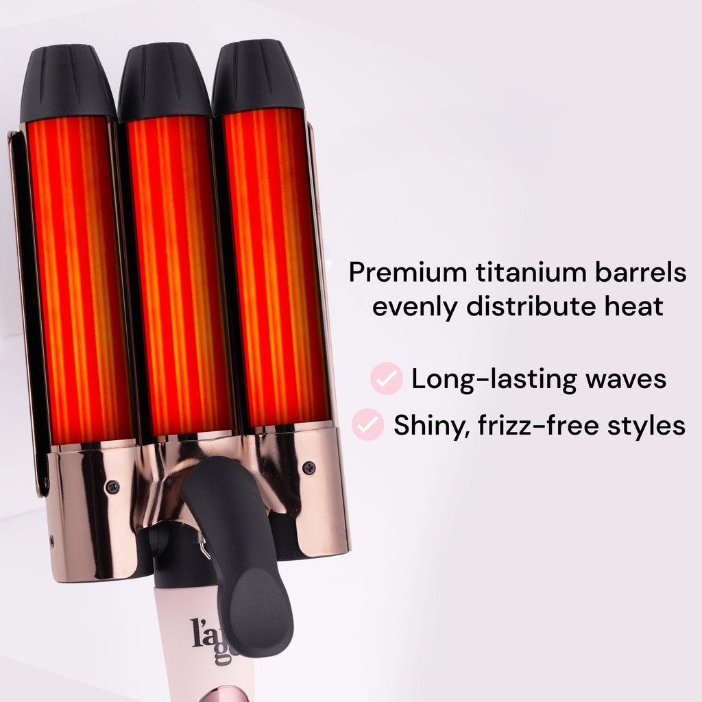 The 3 titanium barrels of Le Tridente hair waver exaggeratedly glow red representing even heat distribution.