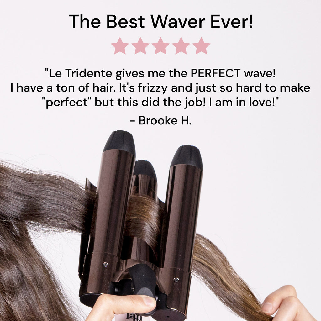 Le Tridente Titanium Triple Barrel Waving Iron waves hair below a review from Brooke H. about her love of this waver.