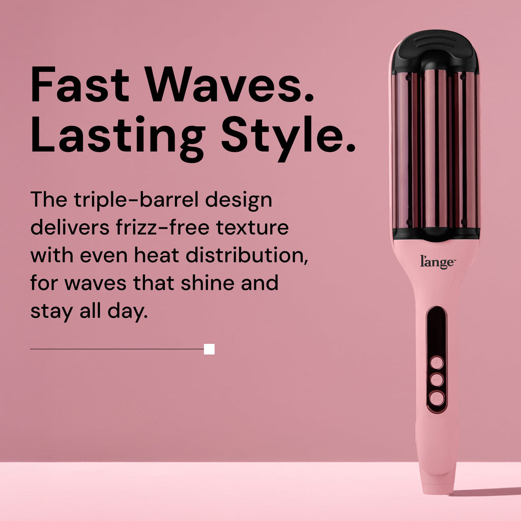 Triple-barrel curling iron with pink handle, offering fast, lasting waves with frizz-free texture and even heat distribution.