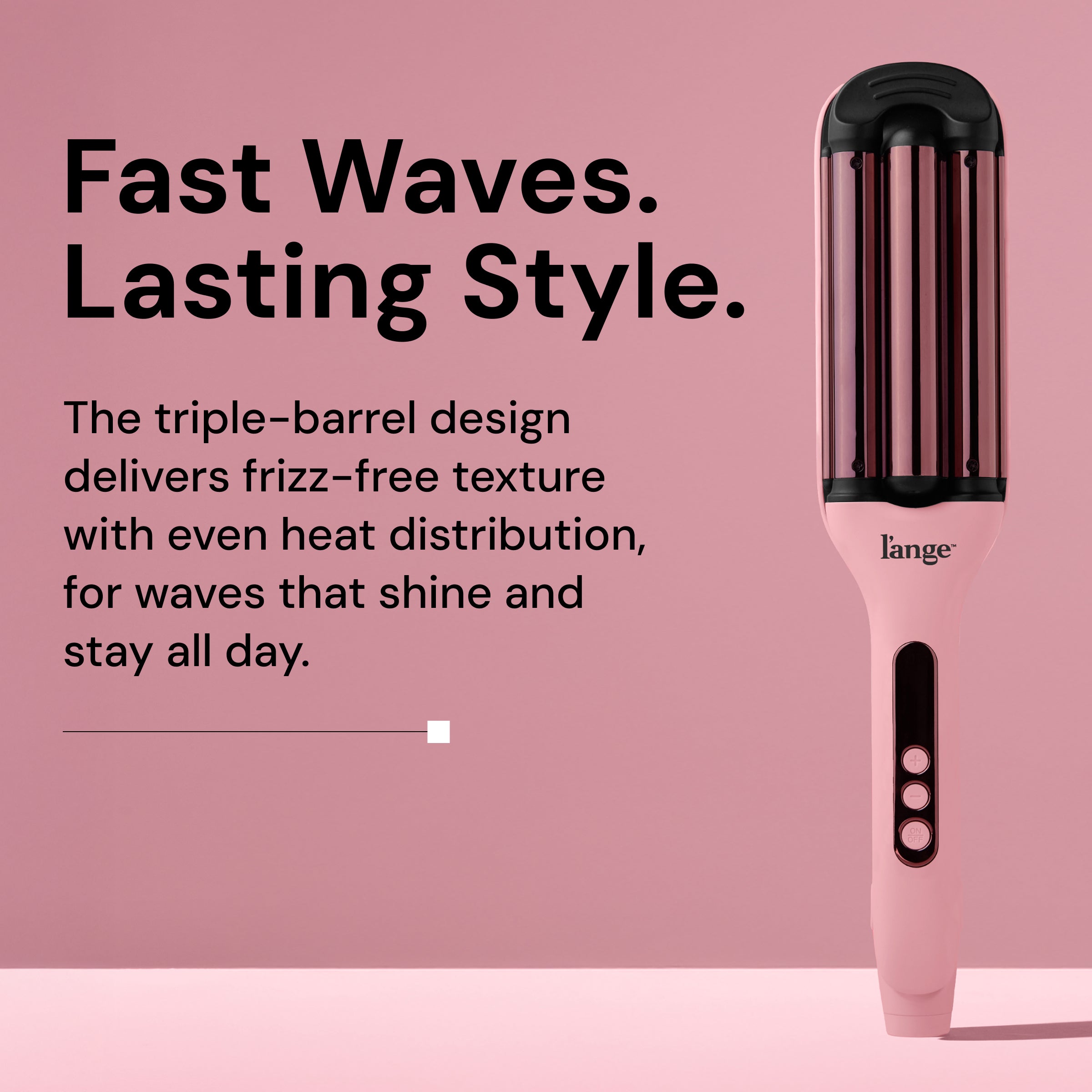 Triple-barrel curling iron with pink handle, offering fast, lasting waves with frizz-free texture and even heat distribution.