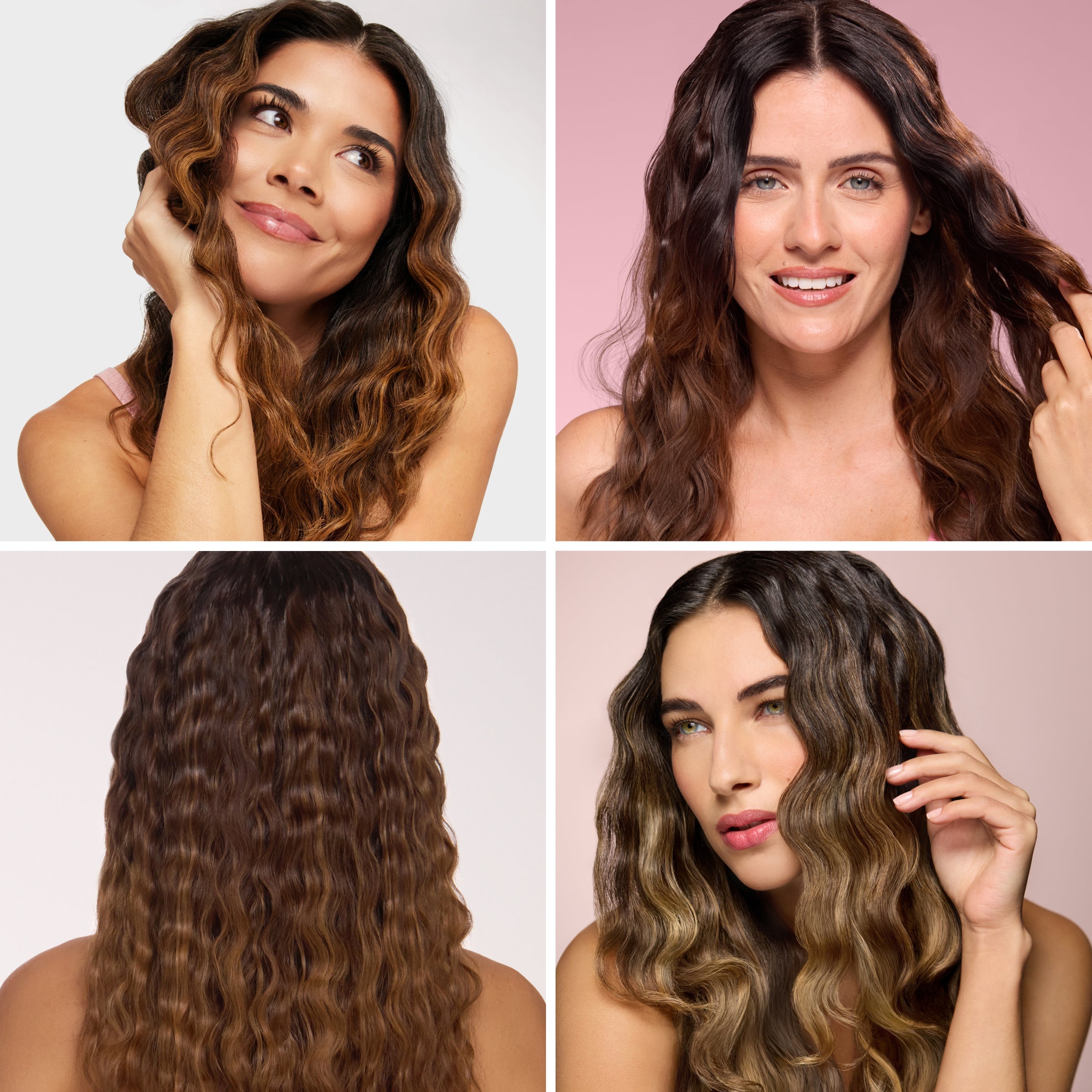 Collage of four women with defined, wavy hairstyles in various shades of brown.