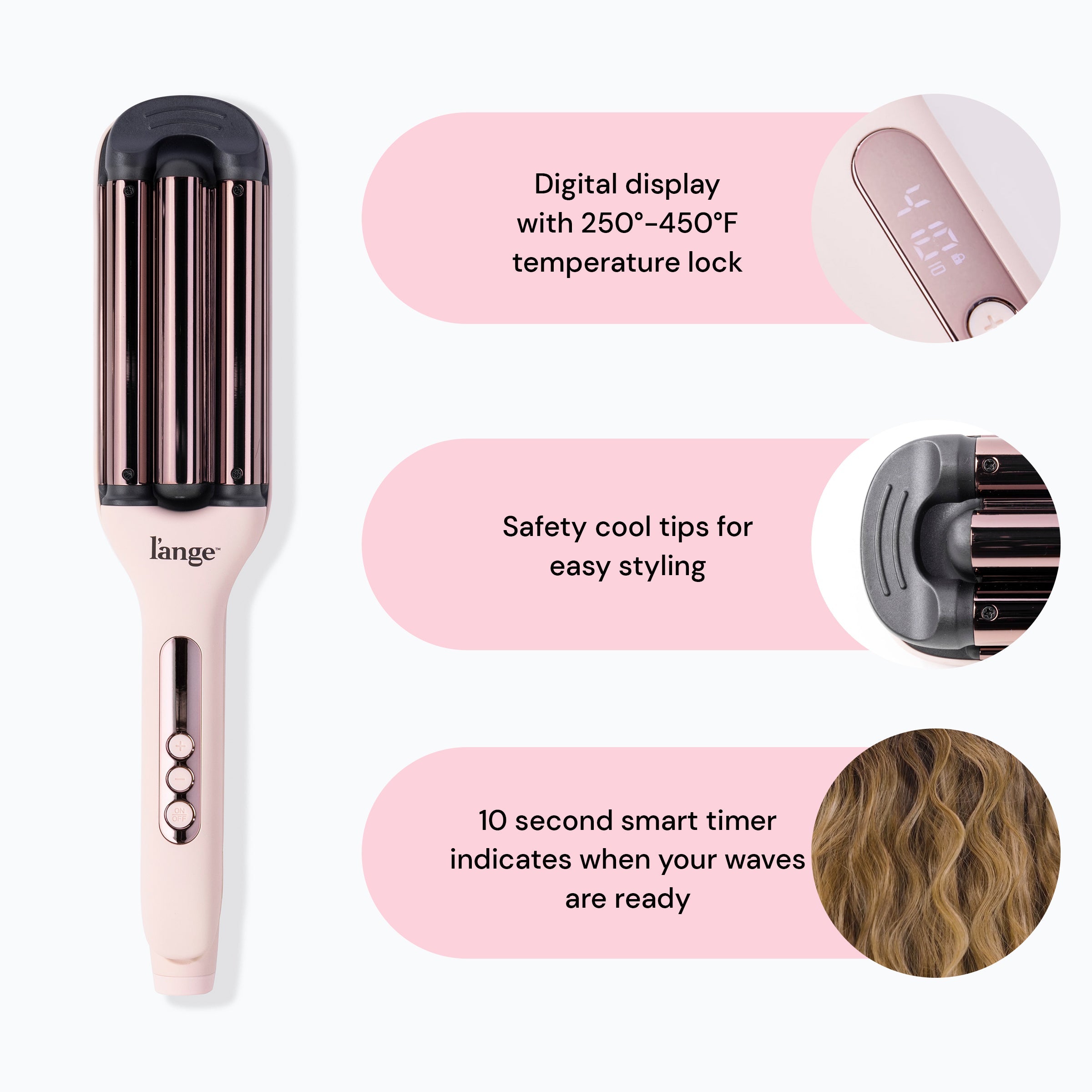 The blush-colored Le Vogue stands next to closeups of its 250-450°F temperature range, cool tip, and perfect mermaid waves.