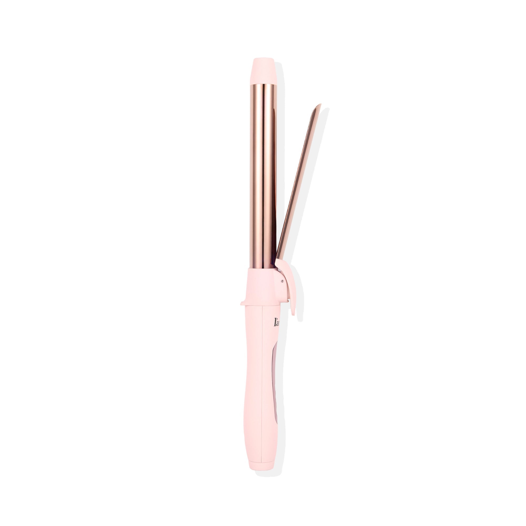 Side view of a pink 25mm curling wand with a clip, rose gold barrel, and digital control buttons on the handle