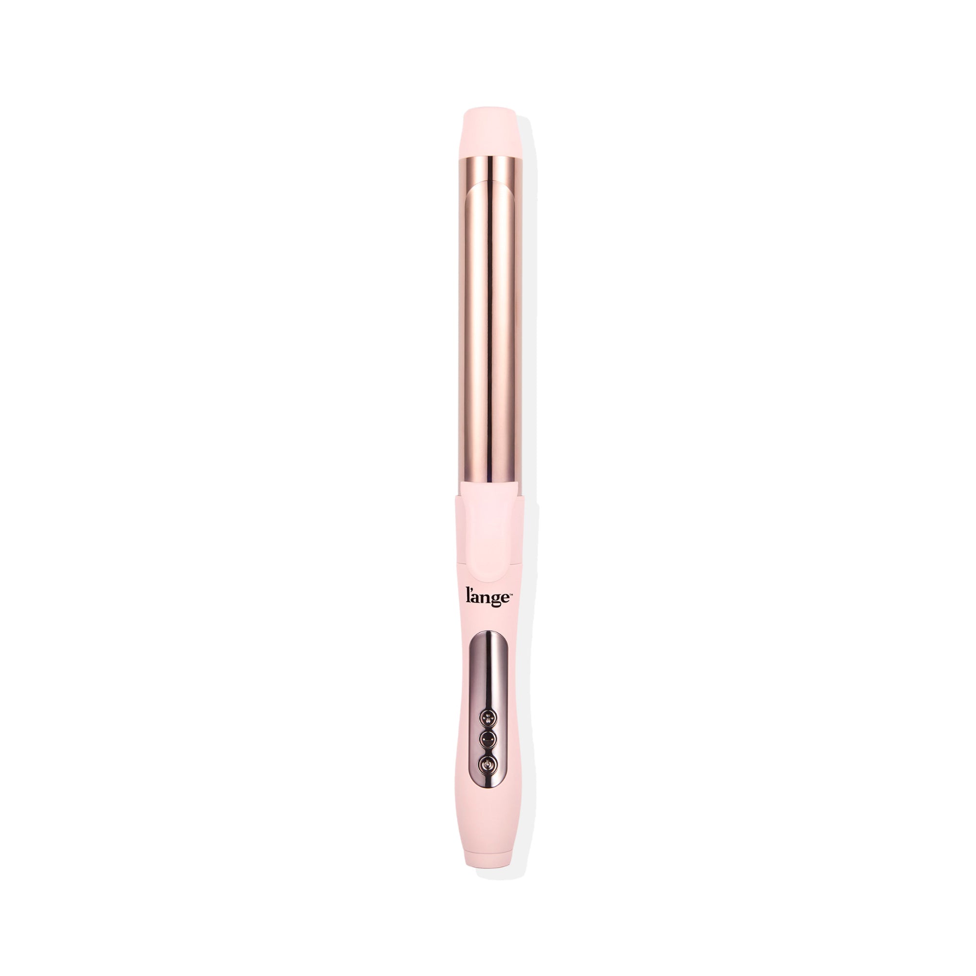Pink 32mm curling wand with a clip, rose gold barrel, and three digital control buttons on the handle