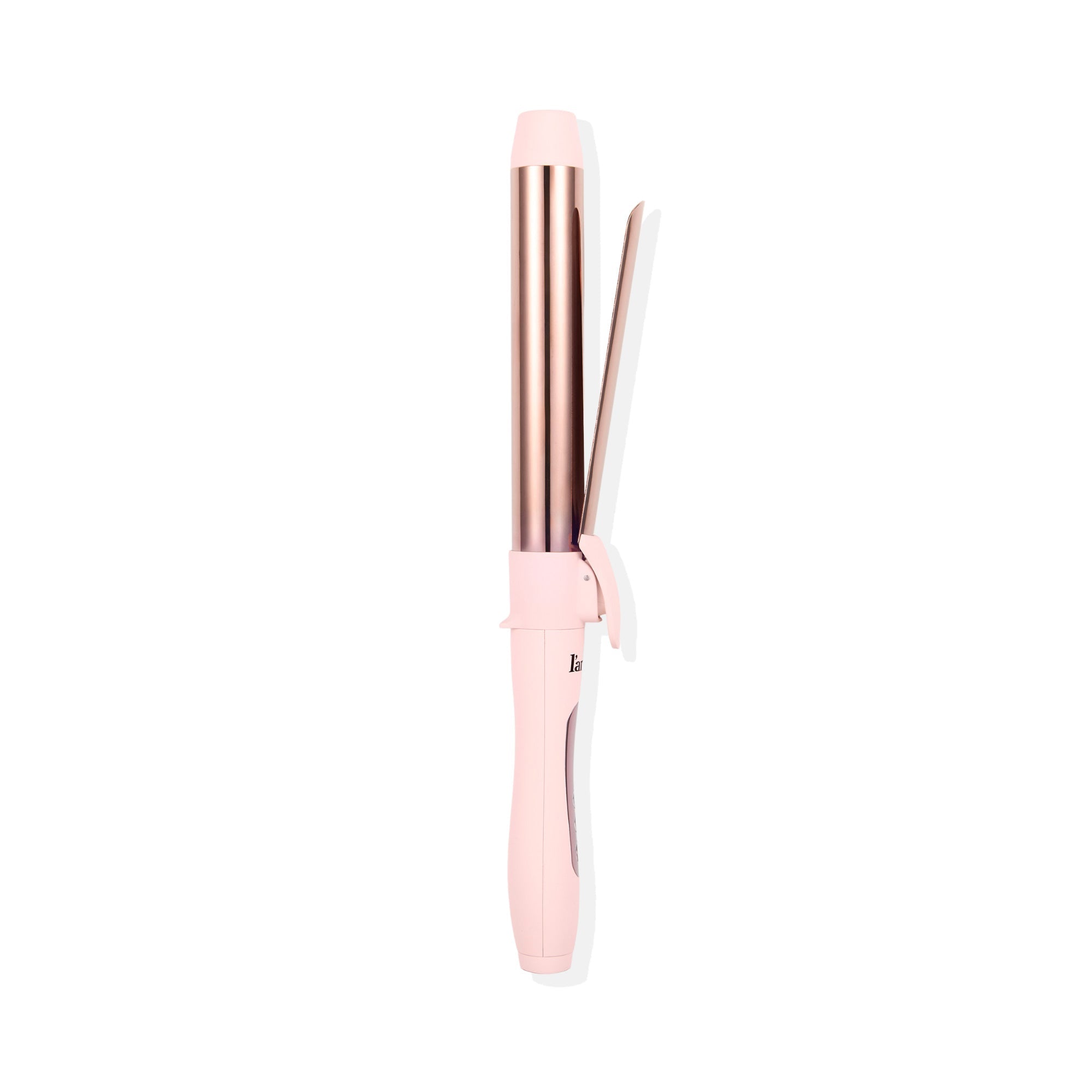 Side view of a pink 32mm curling wand with a clip, rose gold barrel, and digital control buttons on the handle