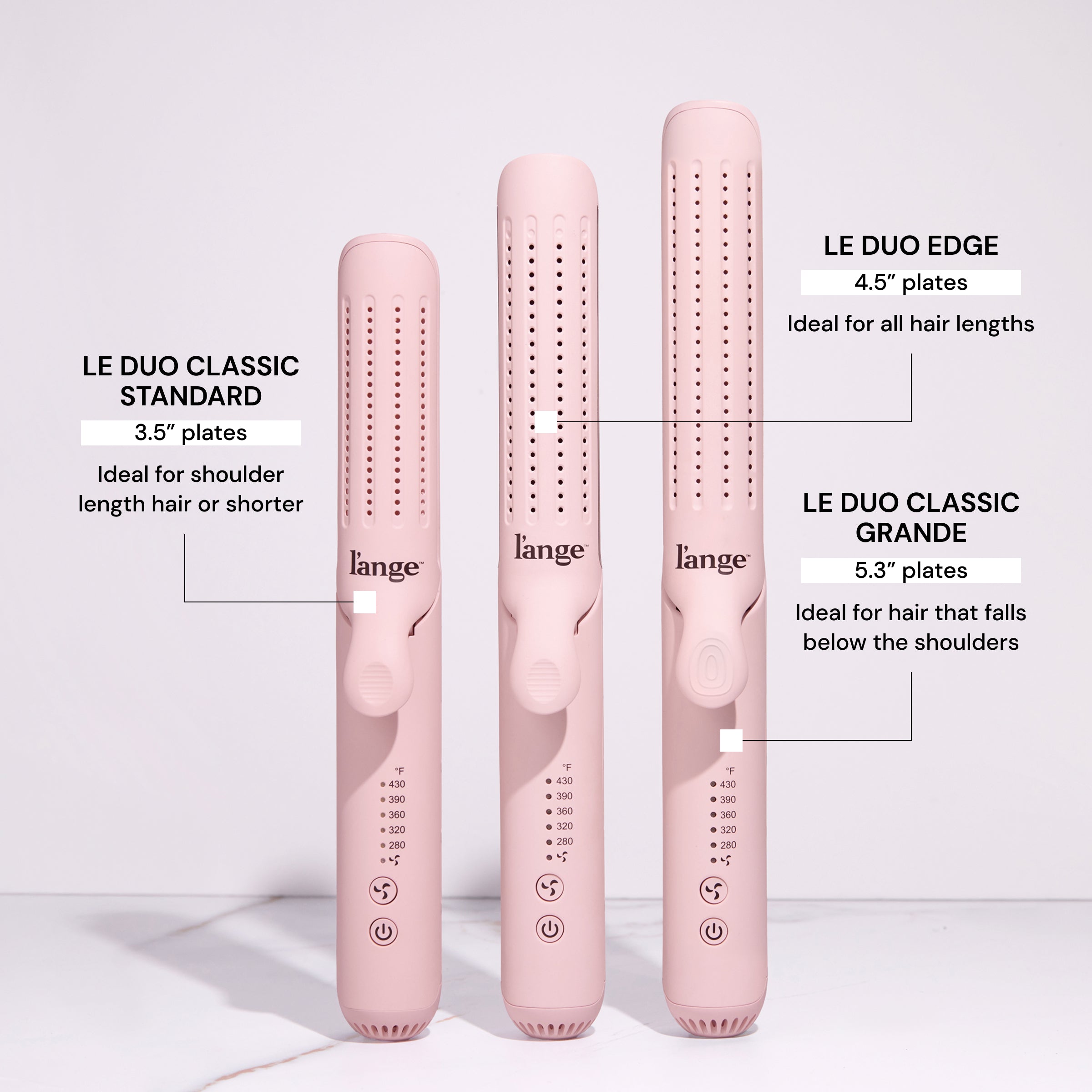 Three pink hair styling tools are displayed, each featuring different plate sizes: Le Duo Classic Standard with 3.5-inch plates for shoulder-length or shorter hair, Le Duo Edge with 4.5-inch plates suitable for all hair lengths, and Le Duo Classic Grande with 5.3-inch plates for hair below the shoulders.