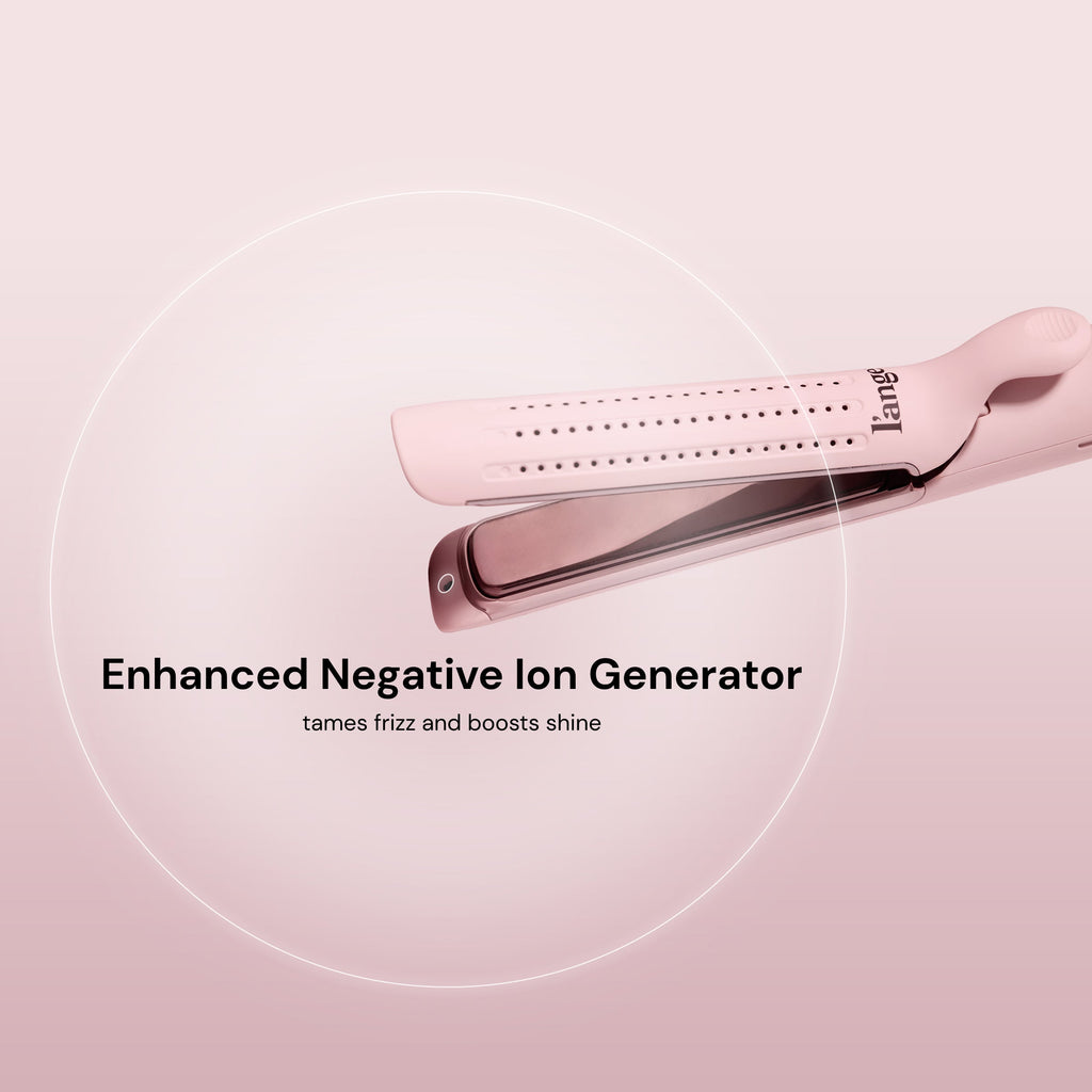 Pink hair straightener featuring an enhanced negative ion generator, designed to tame frizz and boost shine.