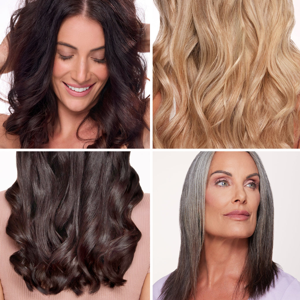 Four distinct hairstyles showcasing diversity in color and texture: dark brown curls, soft blonde waves, rich brunet tresses, and sleek gray straight hair.
