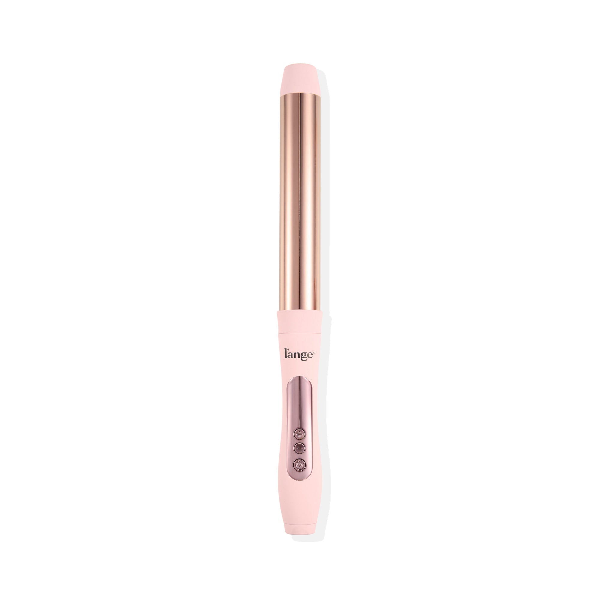 Pink 32mm curling wand with a rose gold barrel and three digital control buttons on the handle