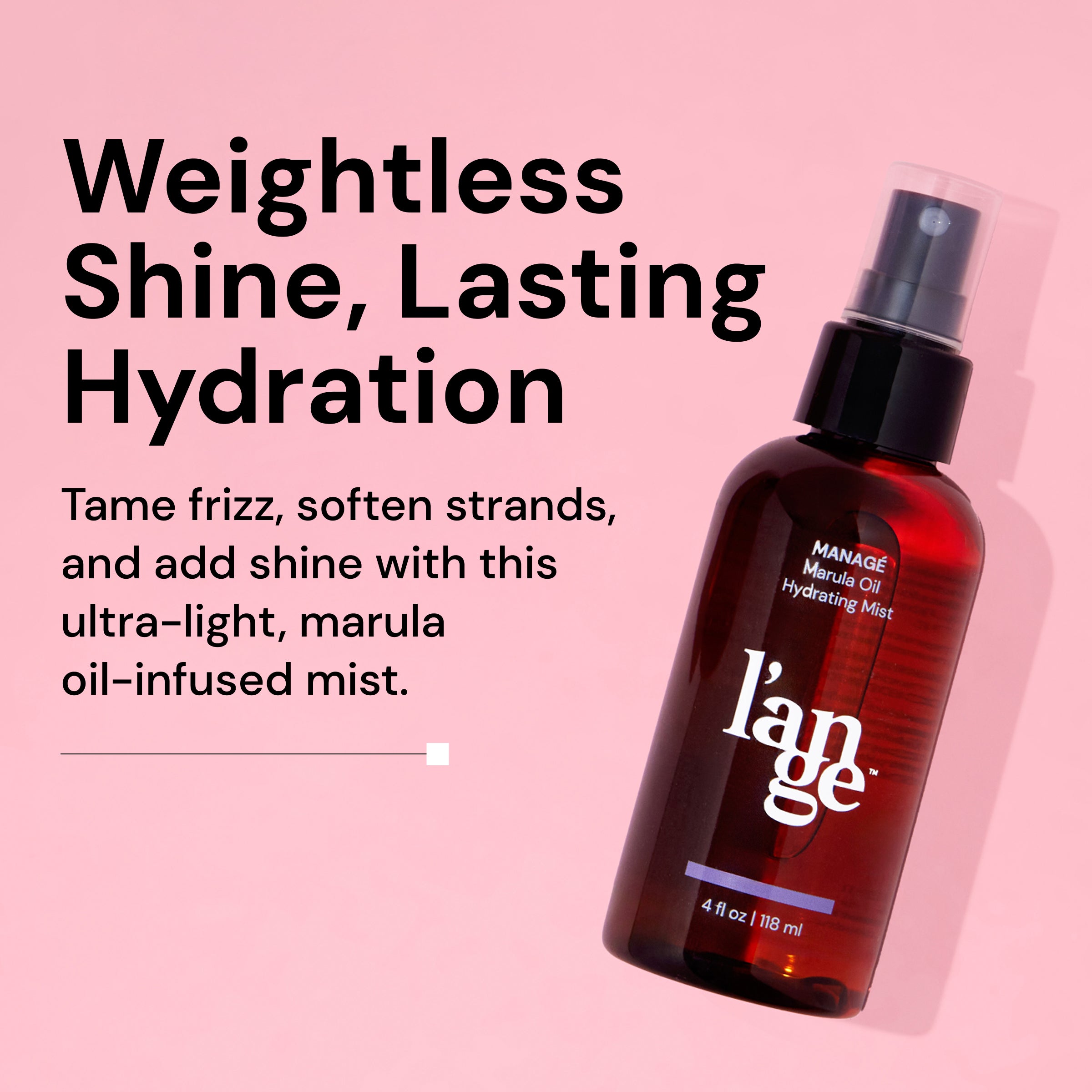 L’ange MANAGÉ Marula Oil Hydrating Mist bottle on a pink background, with text highlighting its lightweight formula for frizz control, softness, and shine.