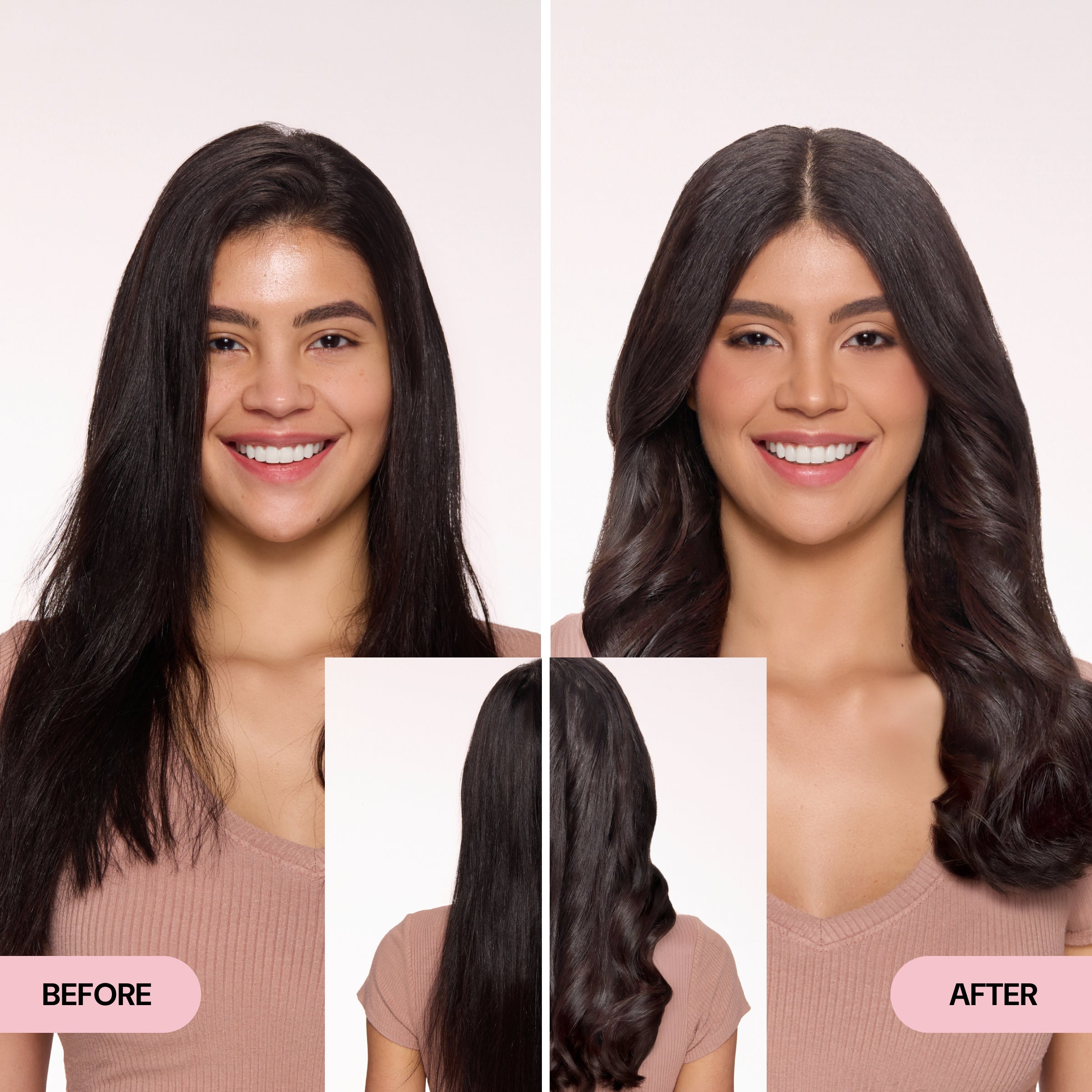 Before-and-after images of a woman showing her hair transformation from straight and dull to shiny, voluminous waves, highlighting the effects of a L’ange hair product.
