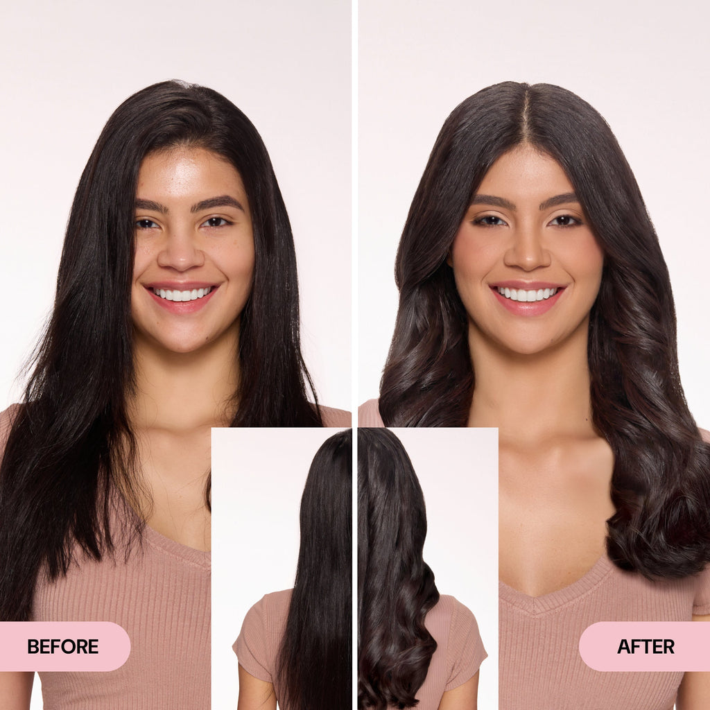 Before-and-after images of a woman showing her hair transformation from straight and dull to shiny, voluminous waves, highlighting the effects of a L’ange hair product.