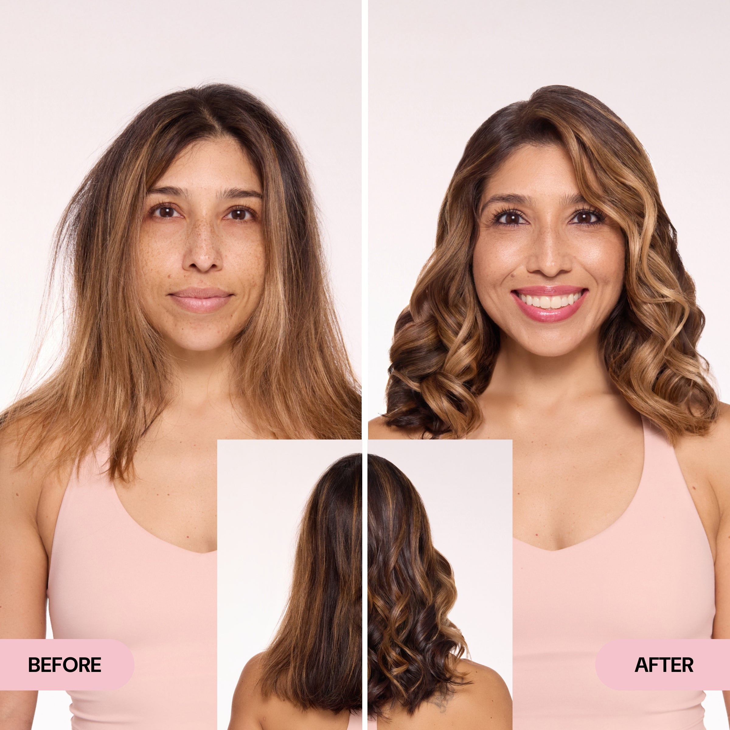 Side-by-side before and after image showing a woman with flat, frizzy hair transformed to smooth, voluminous curls.
