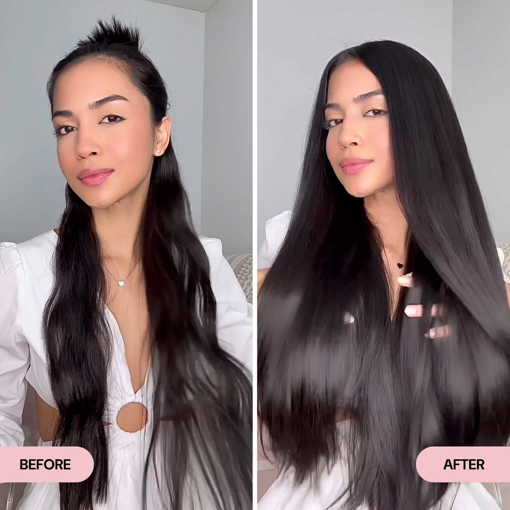 Side-by-side comparison of a woman with slightly uneven, wavy black hair in the "Before" image and ultra-smooth, sleek, and shiny hair in the "After" image. The transformation highlights enhanced straightness, frizz control, and a glossy, polished finish.