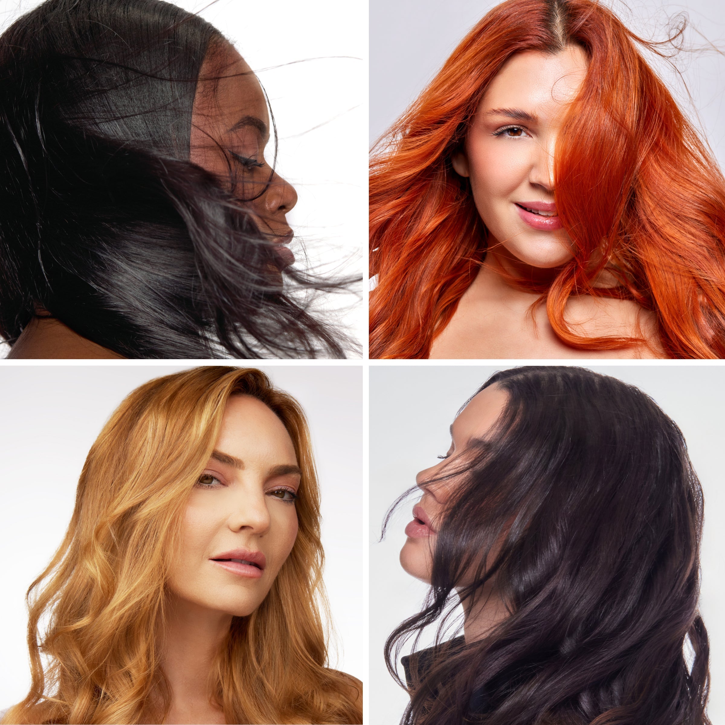 Collage of four women with different hair colors and textures, showcasing smooth, flowing styles.