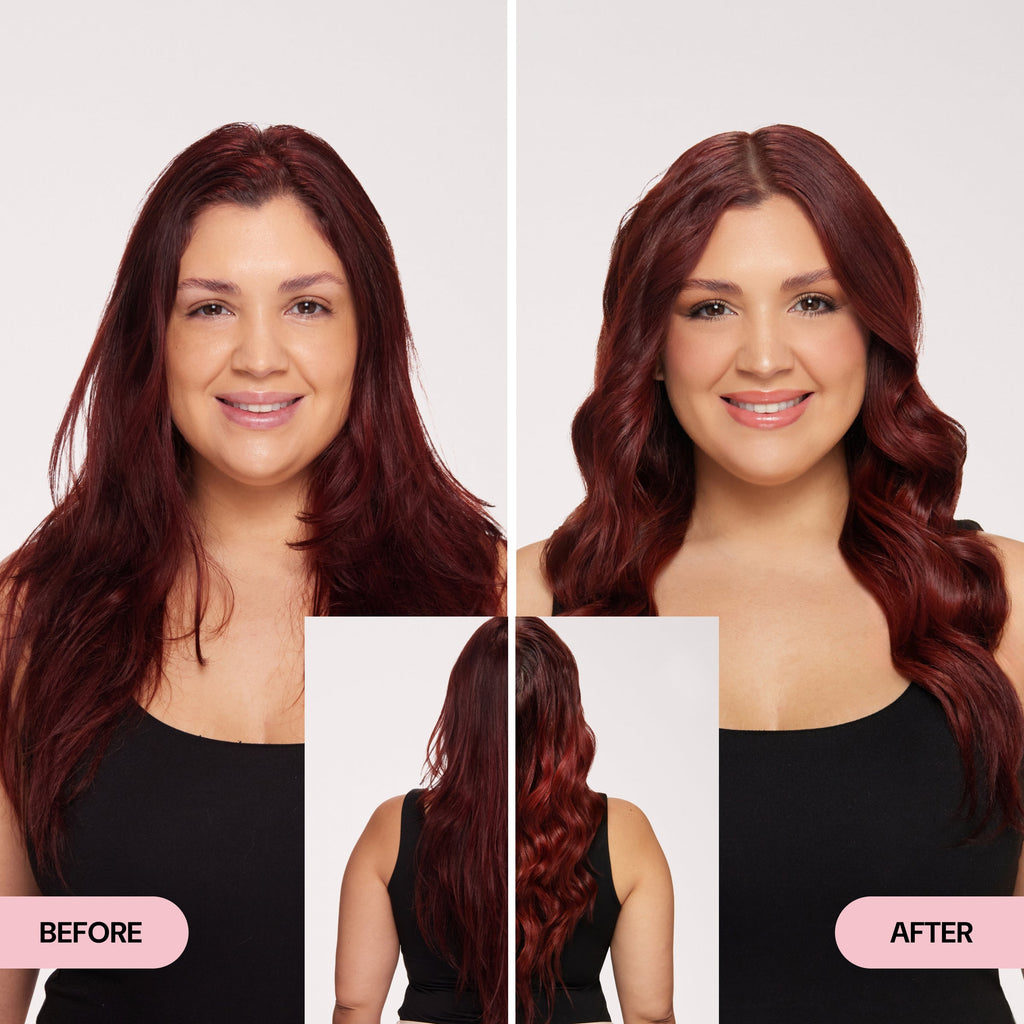 Woman with long red hair shown before and after using L’ange Move-It Dry Texture Spray; hair transitions from flat and shapeless to lifted, voluminous waves with visible body and bounce.