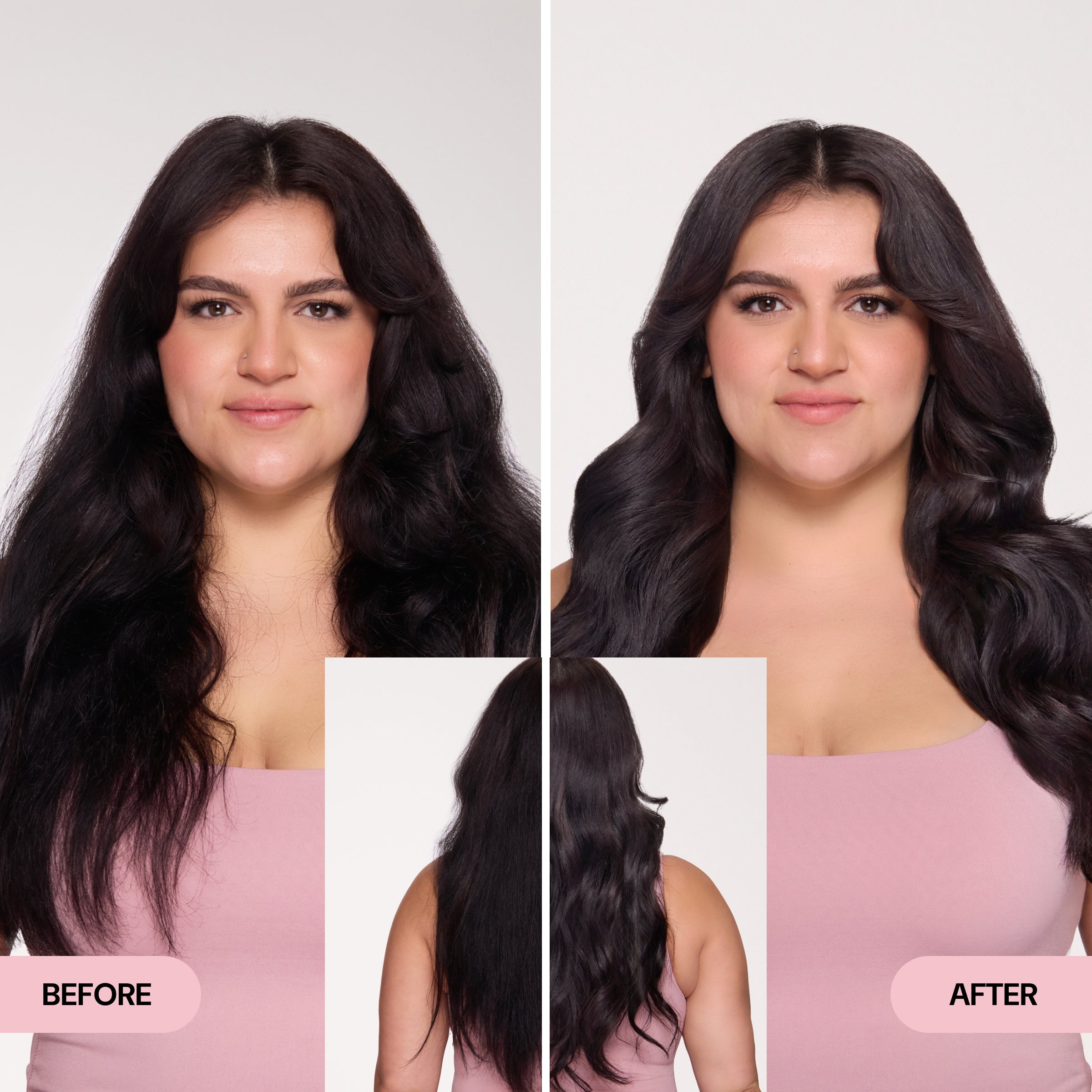 Woman with thick, dark hair shown in before and after images; before shows frizz and undefined shape, after shows smoother, defined soft waves with improved volume and shape.