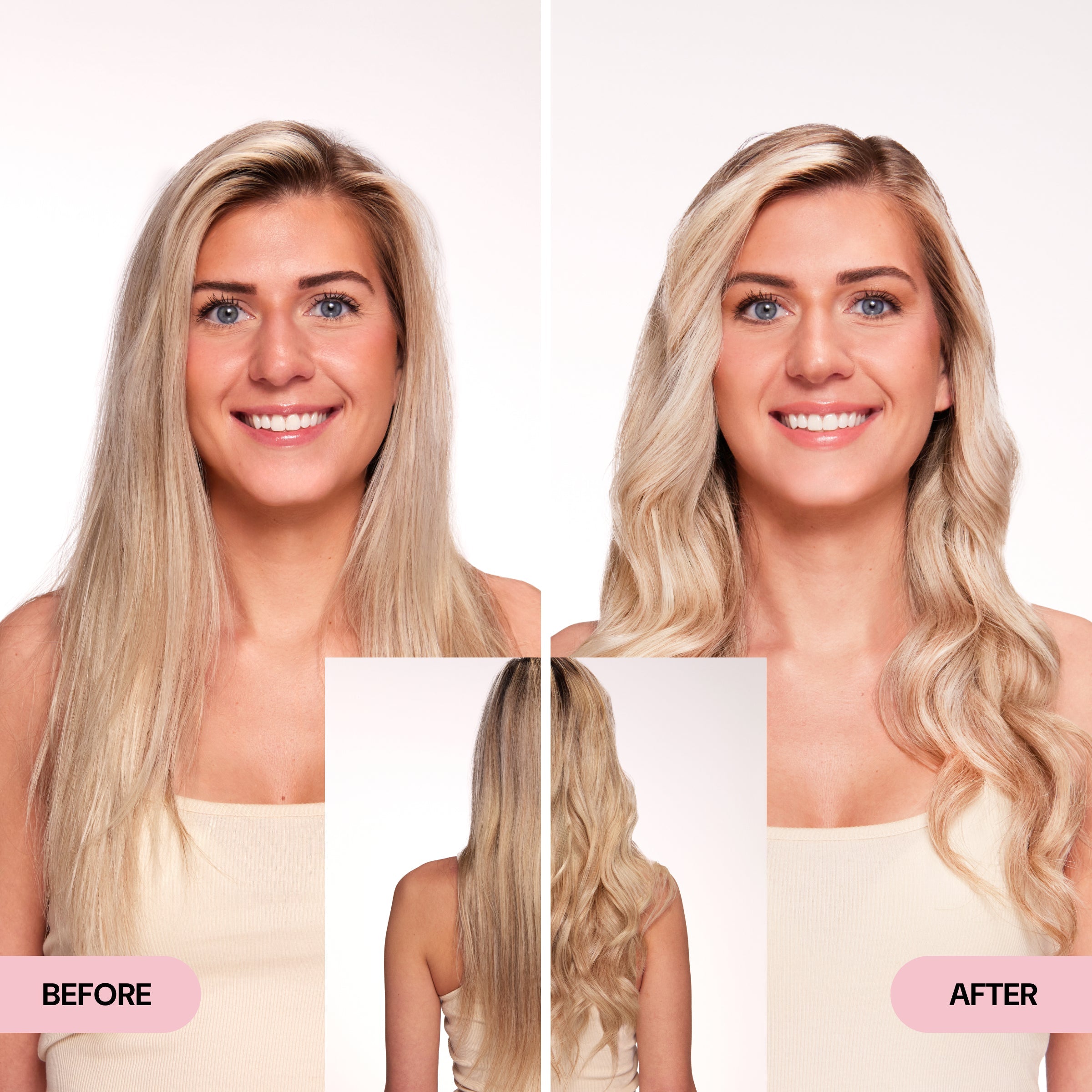 Side-by-side comparison of a woman’s hair before and after styling, showing smoother, voluminous waves in the after image.