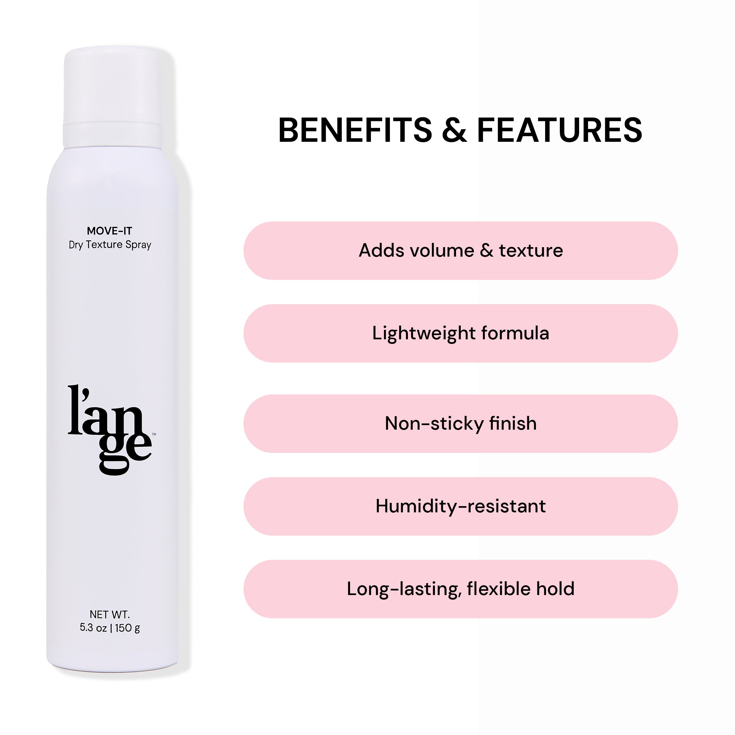 A graphic showing the benefits and features of the formula in pink sections of the Move-It Dry Texture Spray.