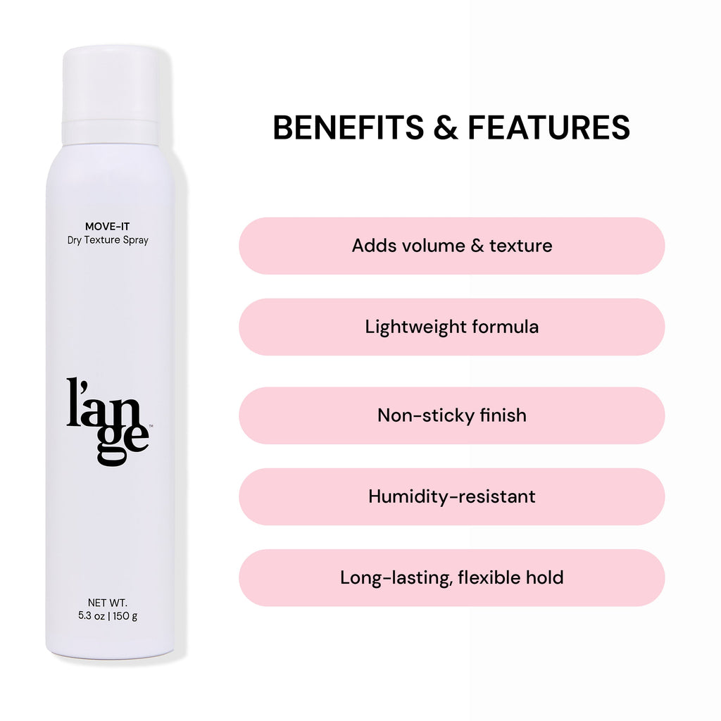 A graphic showing the benefits and features of the formula in pink sections of the Move-It Dry Texture Spray.