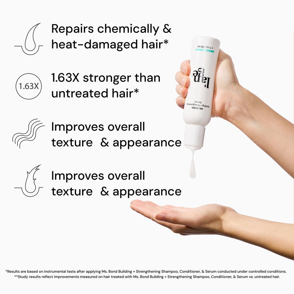 Hand holding a bottle of strengthening serum; claims include repairing chemically and heat-damaged hair, making hair 1.63 times stronger than untreated, and improving texture and appearance.
