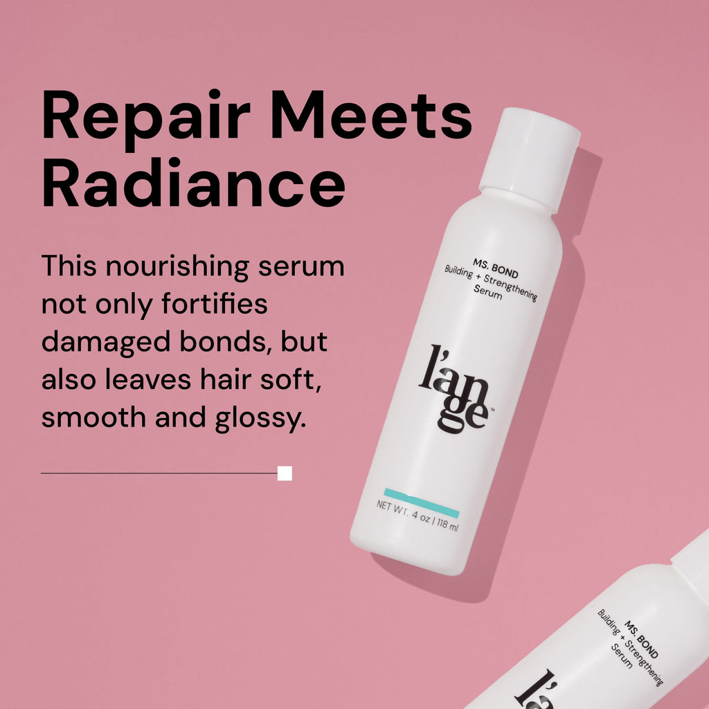 MS. BOND Building + Strengthening Serum in a sleek white bottle against a pink background, emphasizing its benefits of fortifying damaged bonds and leaving hair soft, smooth, and glossy. "Repair Meets Radiance" headline reinforces the nourishing quality.