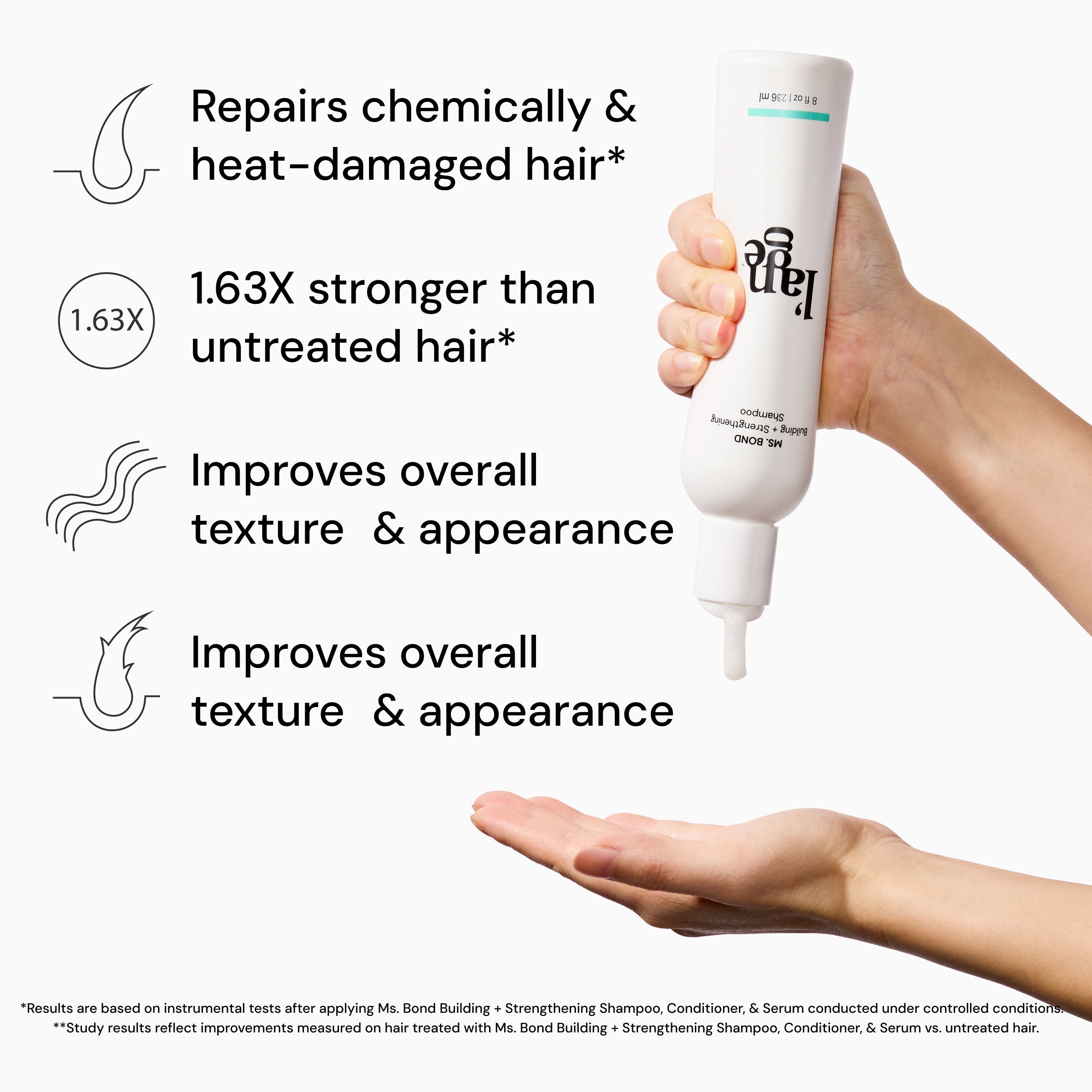 Hand squeezing product from a tube, emphasizing benefits such as repairing chemically and heat-damaged hair, being 1.63 times stronger than untreated hair, and improving overall texture and appearance.