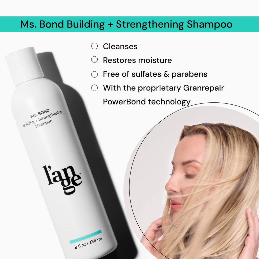 Ms. Bond Building + Strengthening Shampoo bottle, highlighting cleansing, moisture restoration, sulfate and paraben-free formula with Granrepair PowerBond technology. Woman with blonde hair touching her hair in a circle frame.