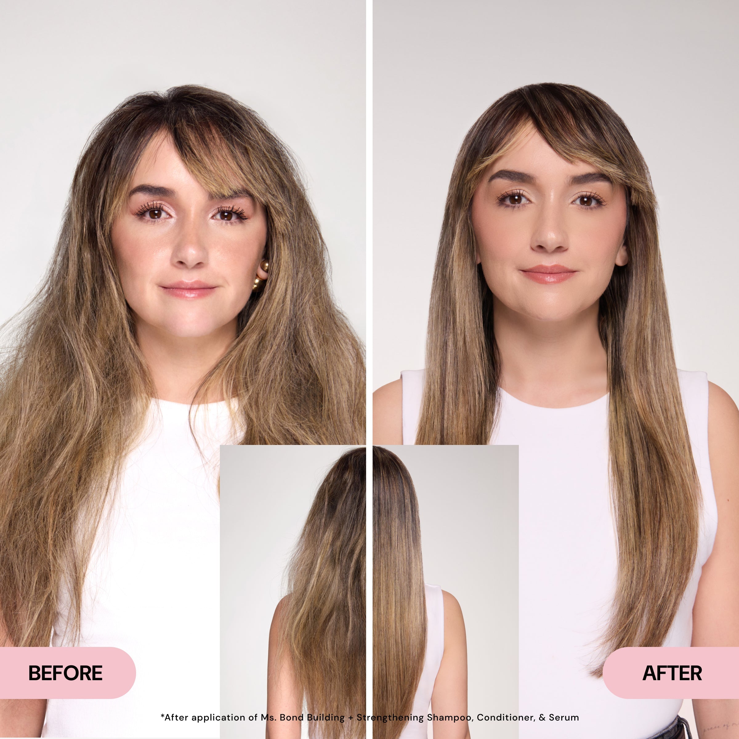 Model showing her before and after with the front and back of her hair.