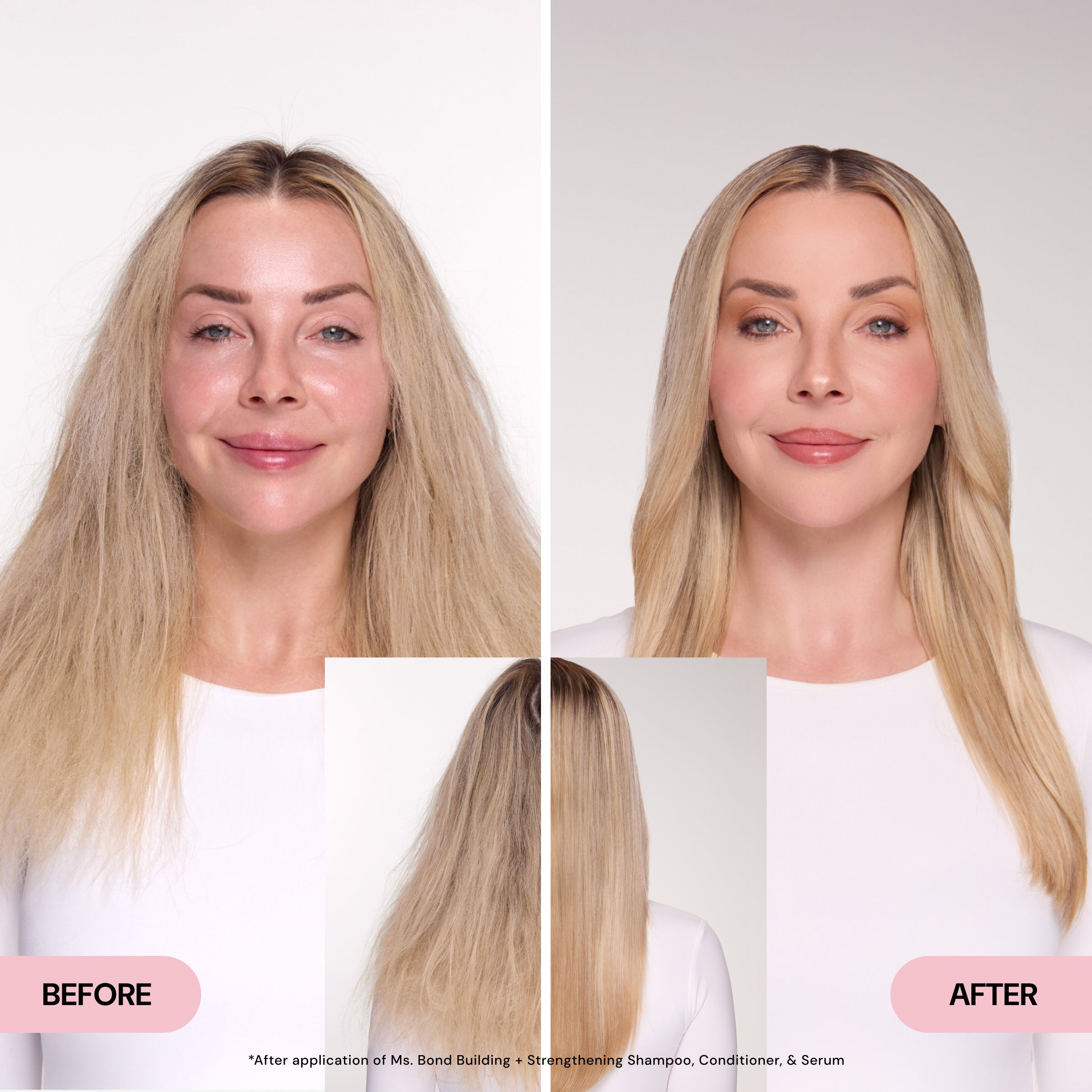 Blonde hair model showing her before and after from the front and back of her hair.