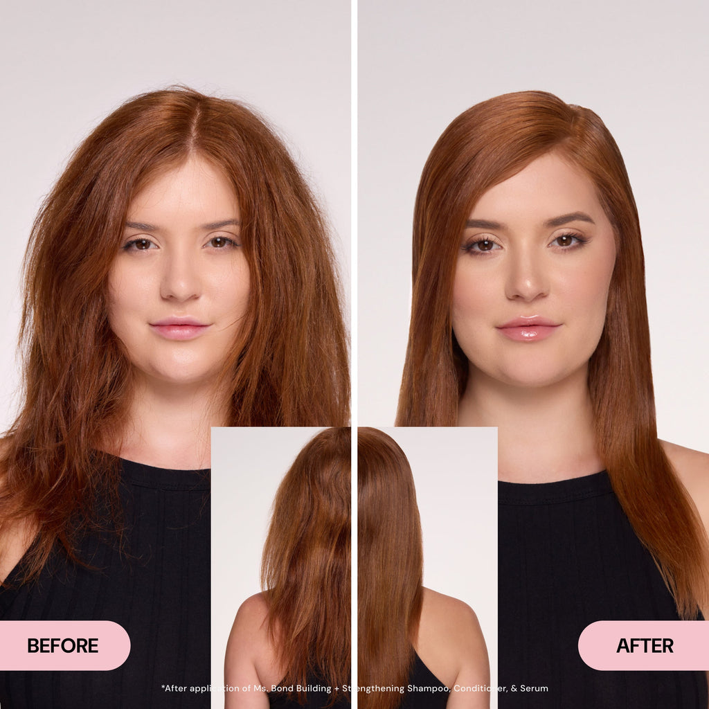 Brown hair model showing her before and after from the front and back of her hair.