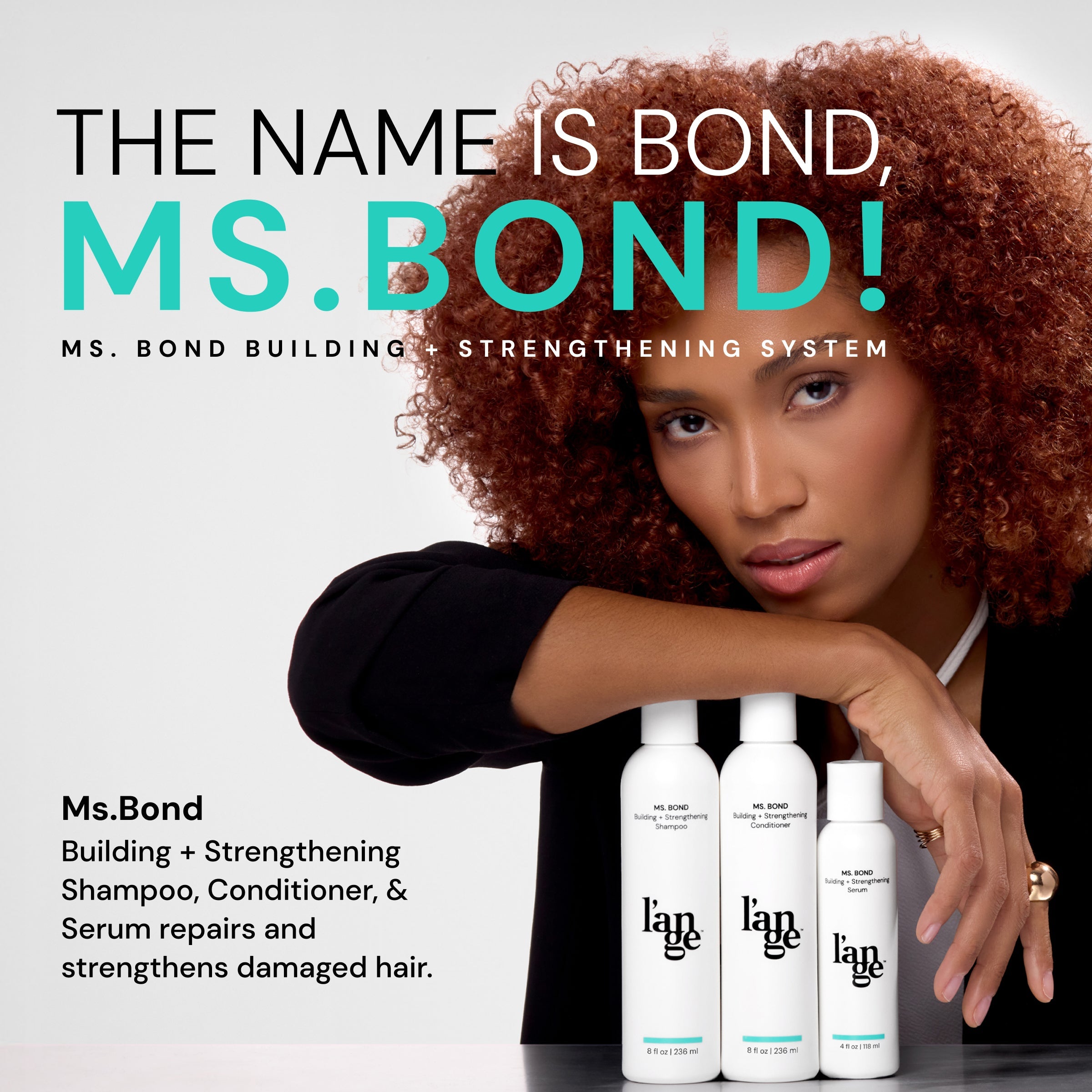 Ms. Bond Building and Strengthening System featuring shampoo, conditioner, and serum designed to repair and strengthen damaged hair, showcased alongside a model with vibrant curls.