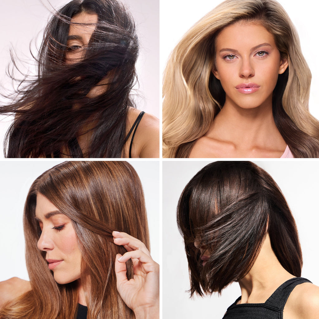 A grid of four models that showcase diversity of hair styles from using the multi-volume tool. 