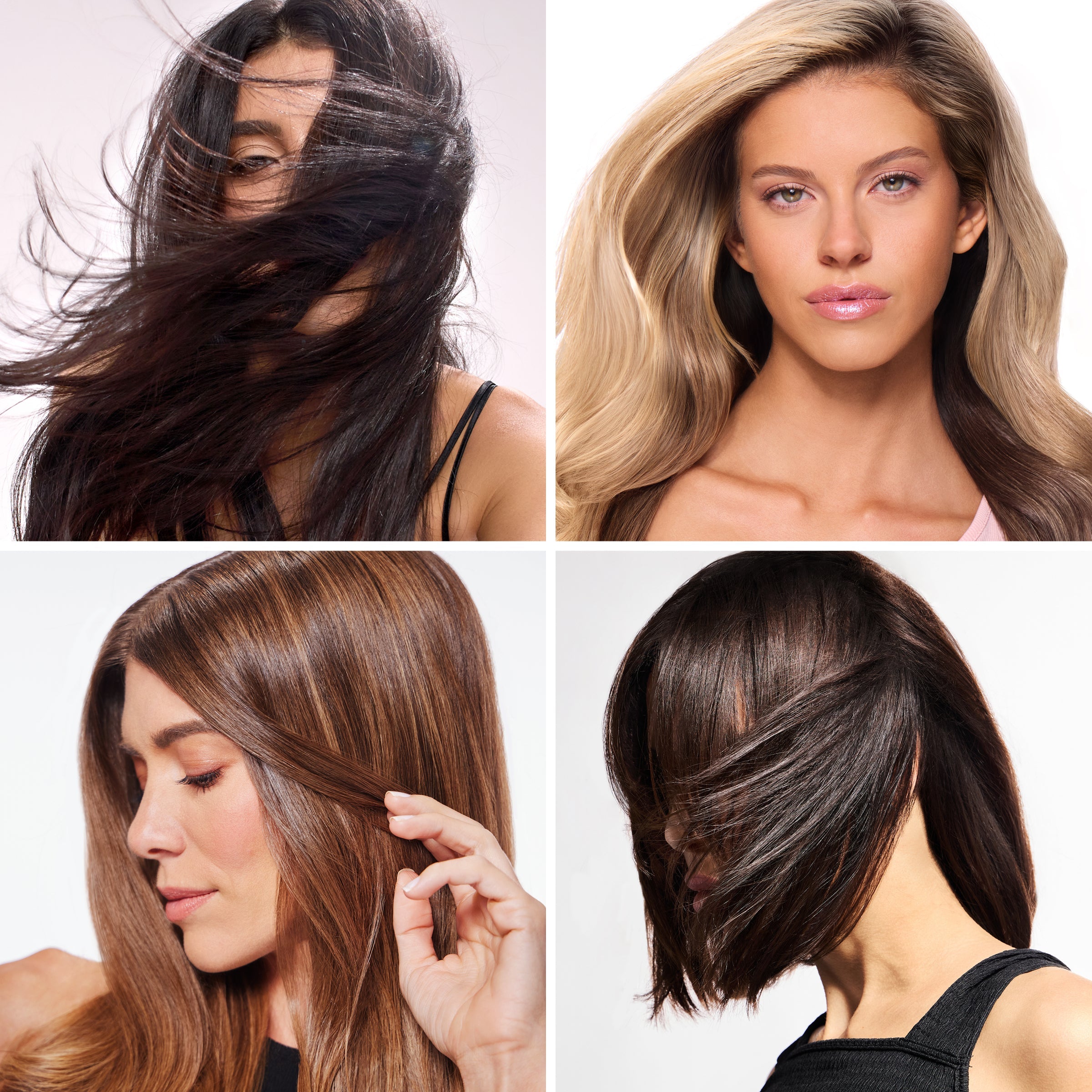 A grid of four models that showcase diversity of hair styles from using the multi-volume tool. 