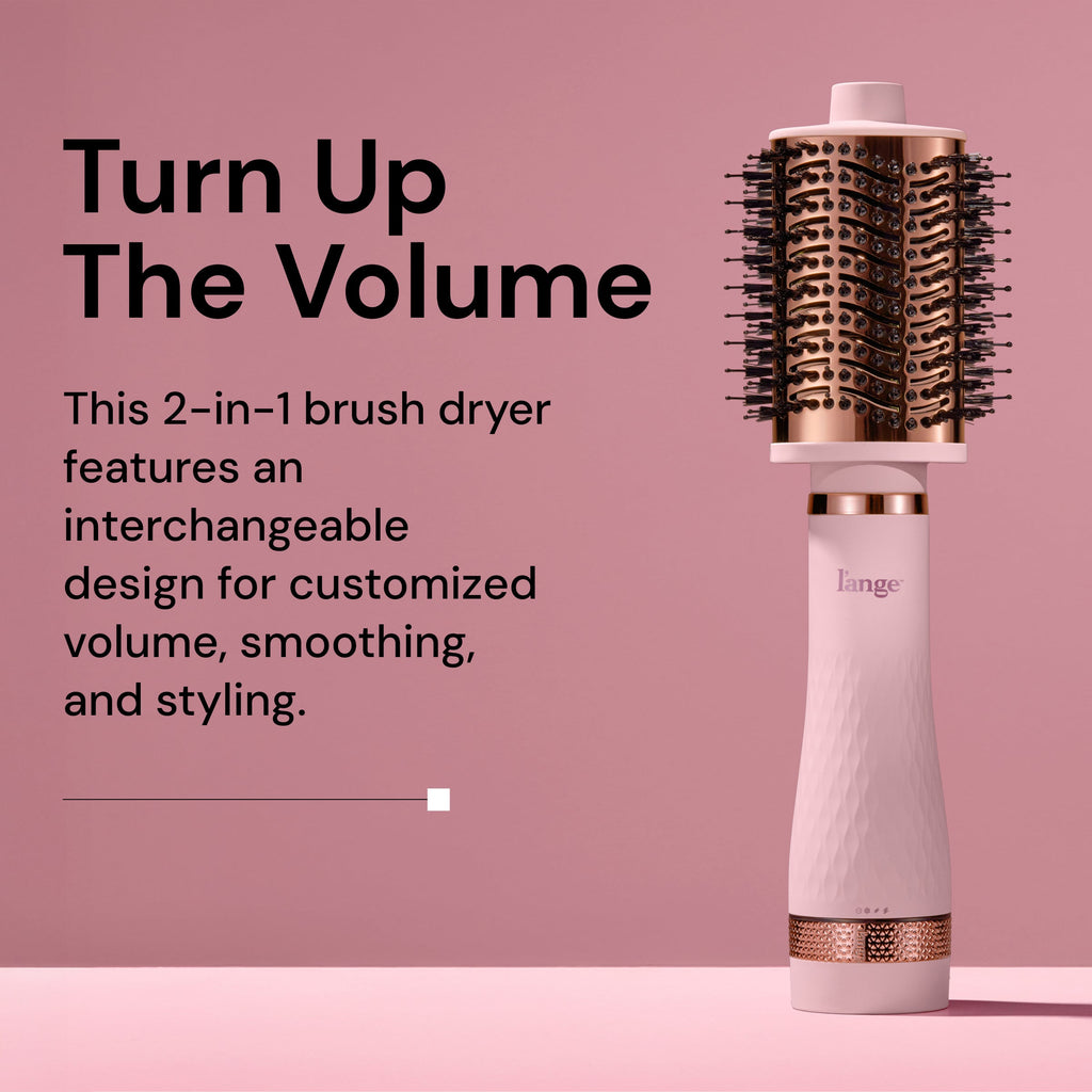 L’ange 2-in-1 brush dryer with interchangeable barrel, shown on a pink background with product text highlighting volume and styling features.