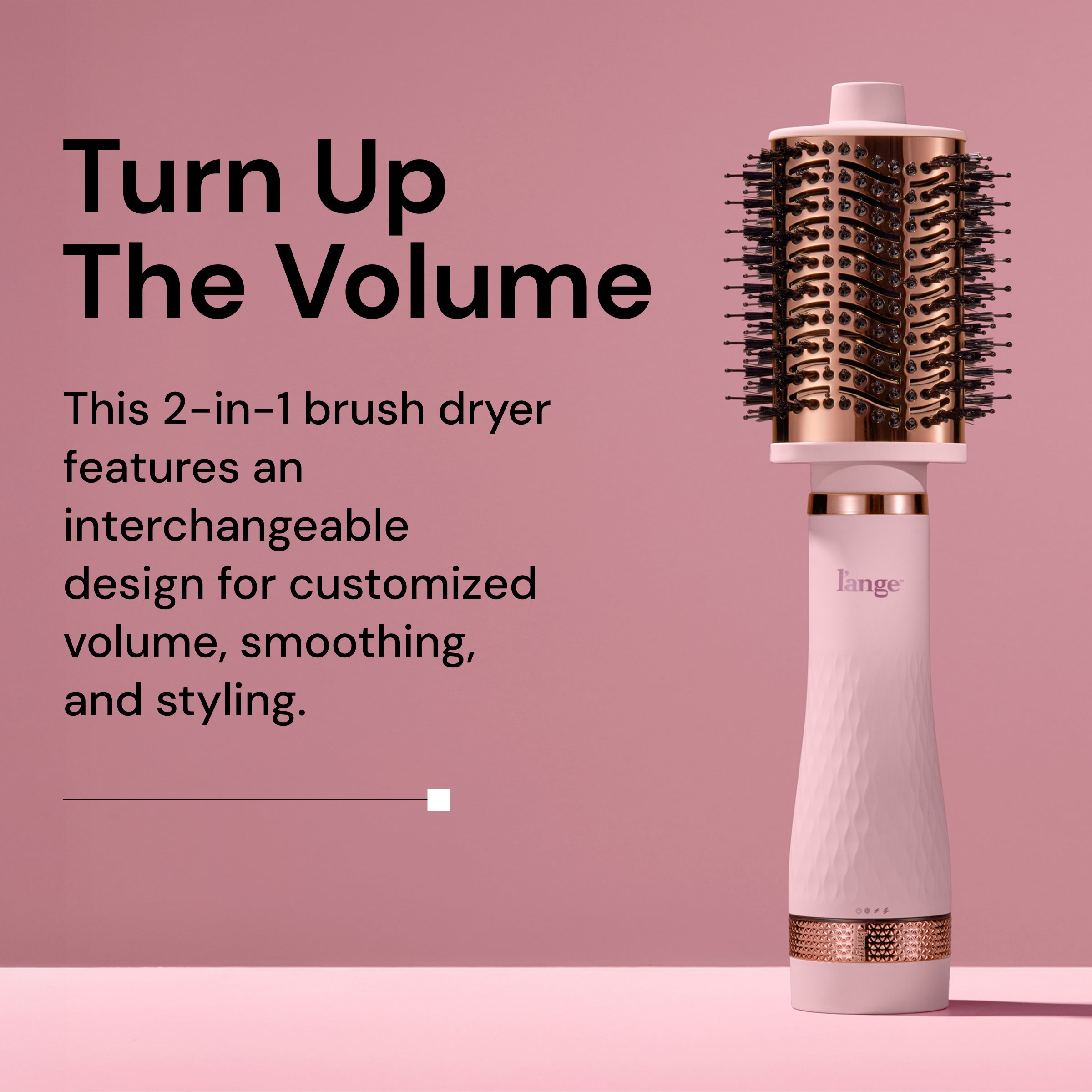 L’ange 2-in-1 brush dryer with interchangeable barrel, shown on a pink background with product text highlighting volume and styling features.