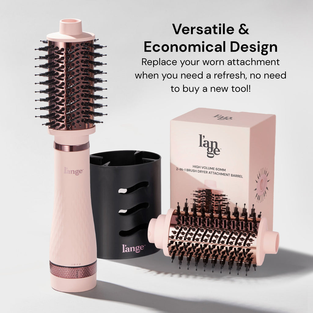 L'ange pink and rose-gold round brush dryer attachment with a matching holder and box. Text highlights its replaceable and economical design.