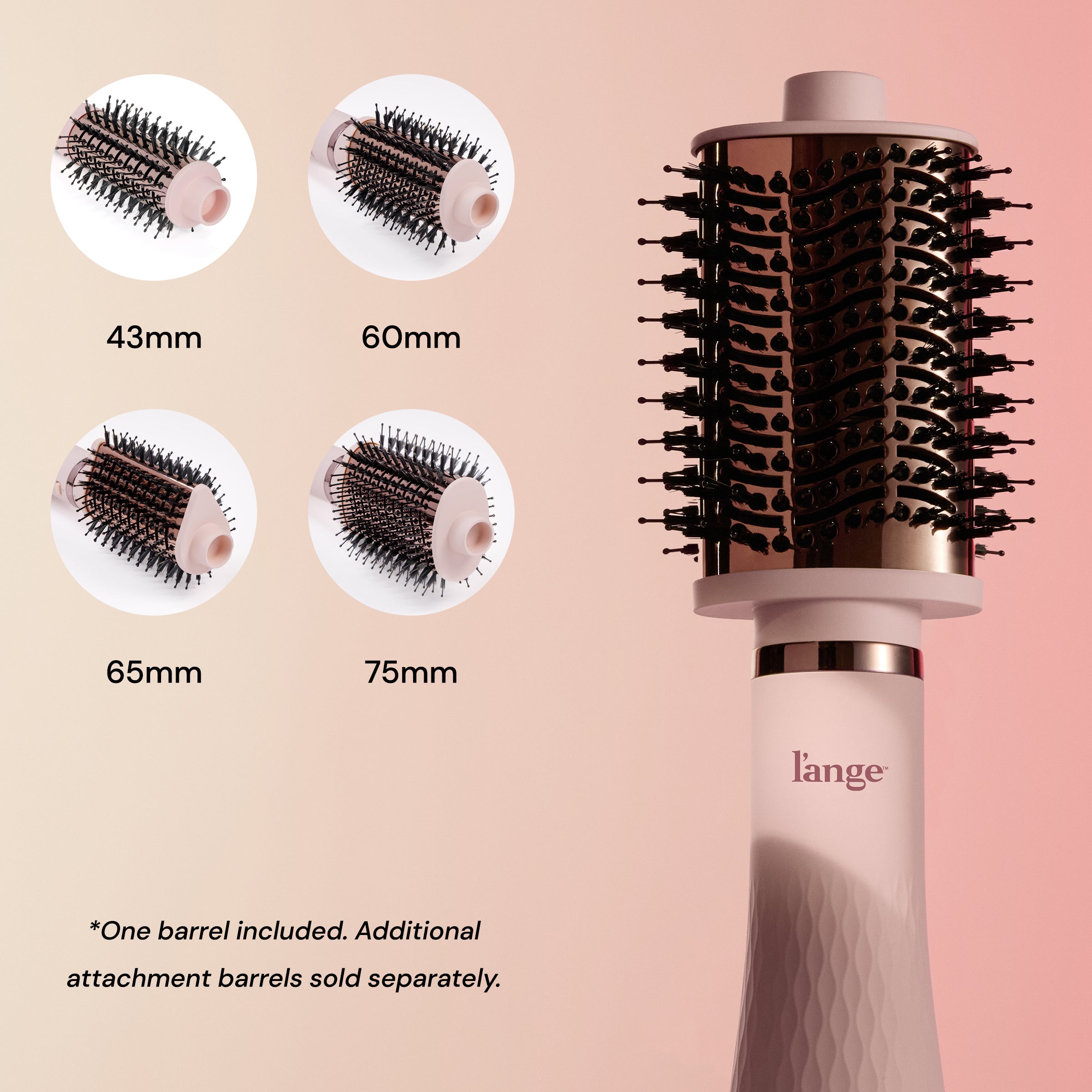 The 4 different interchangeable brush head attachments for Multi-Volume Series sit next to the assembled brush dryer.