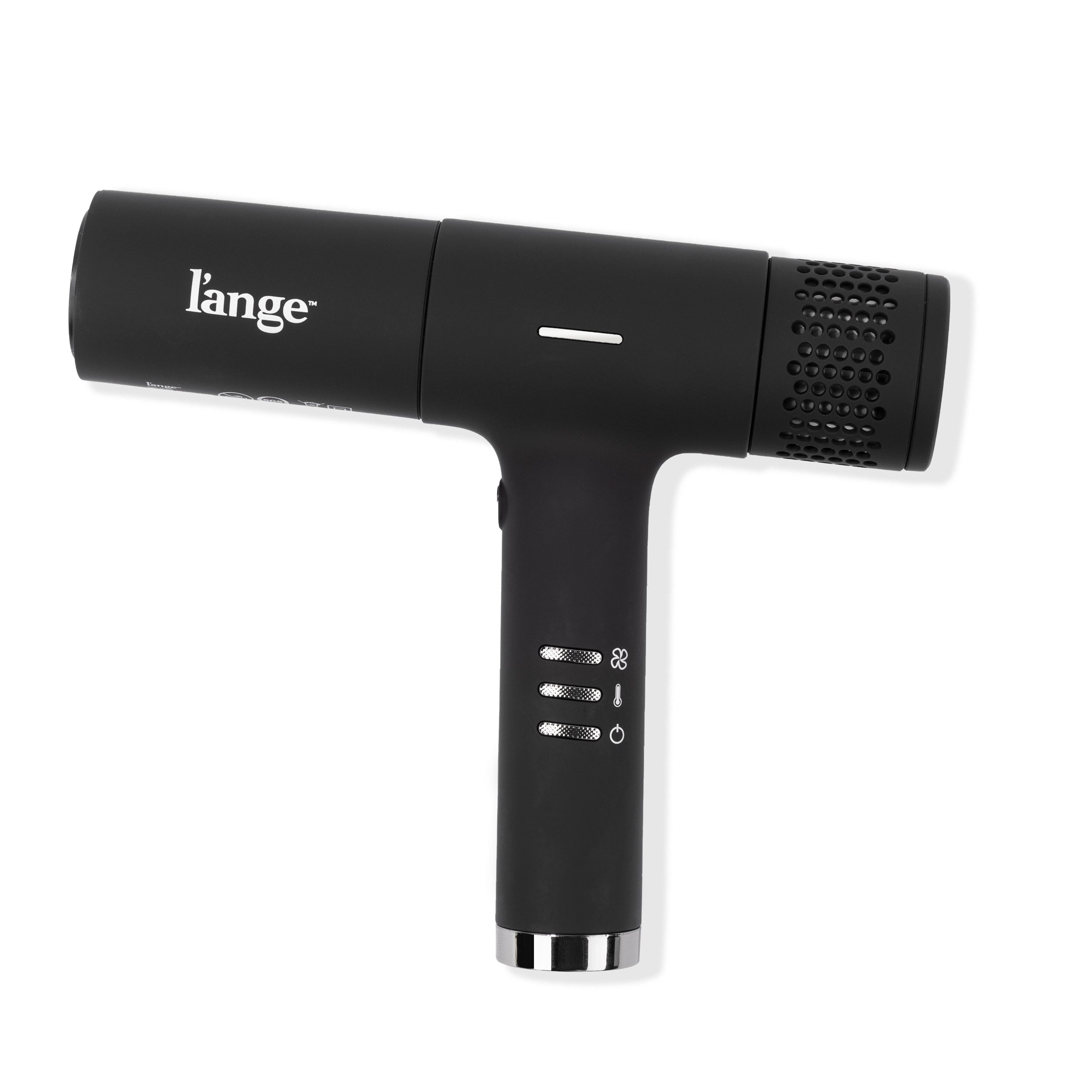 Le Styliste Slim Black T-shape hair dryer with silver L'ange logo on a white background.