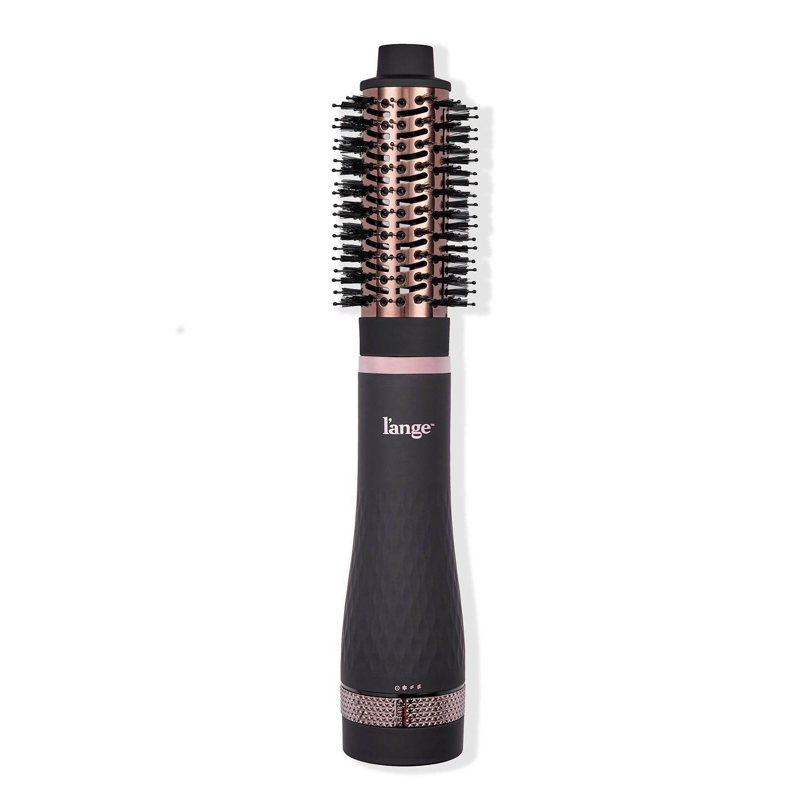 A black and rose gold hair styling brush with bristles and a textured handle, branded with "l'ange" near the top.