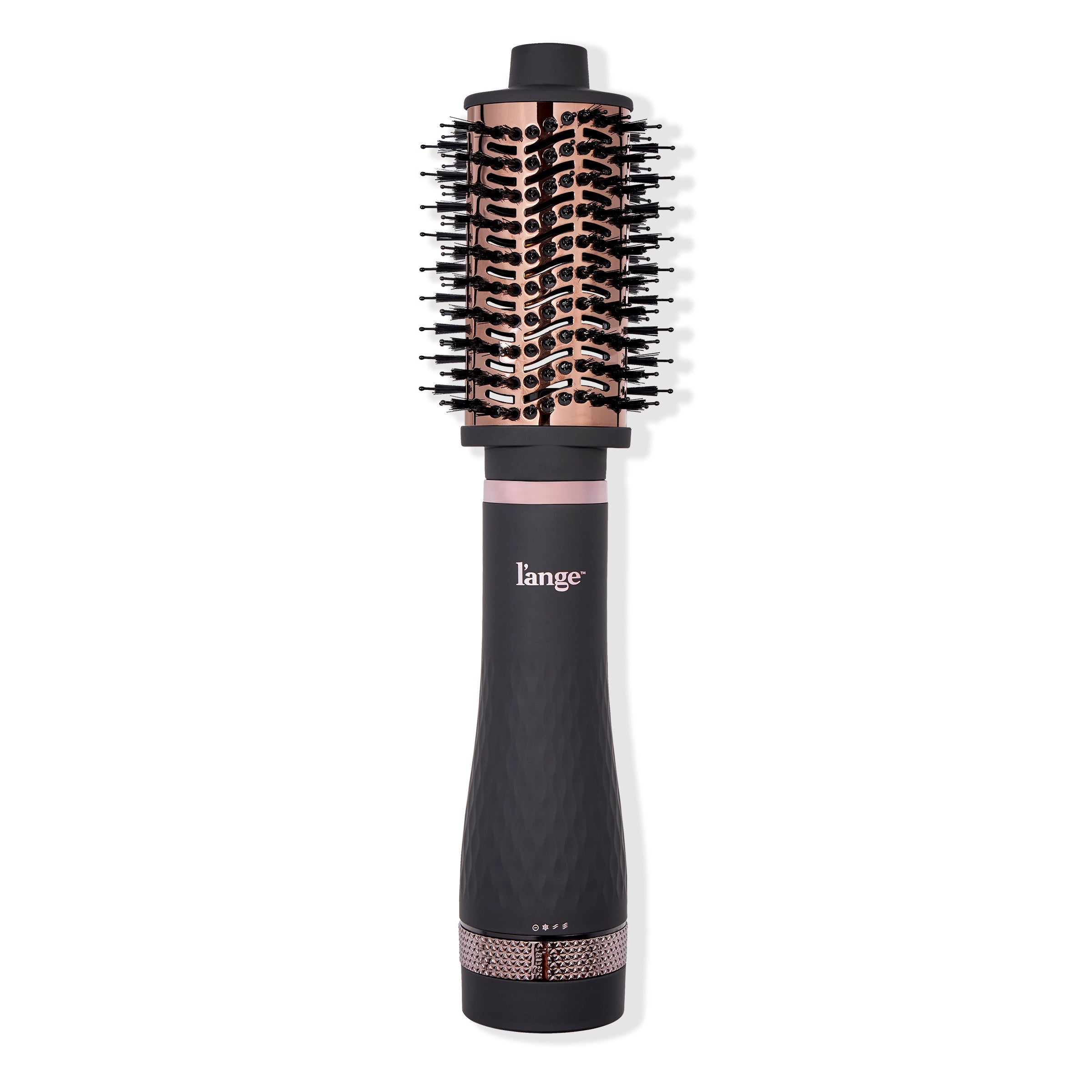 A black and rose gold round brush hair dryer with a textured handle and bristle-covered barrel.