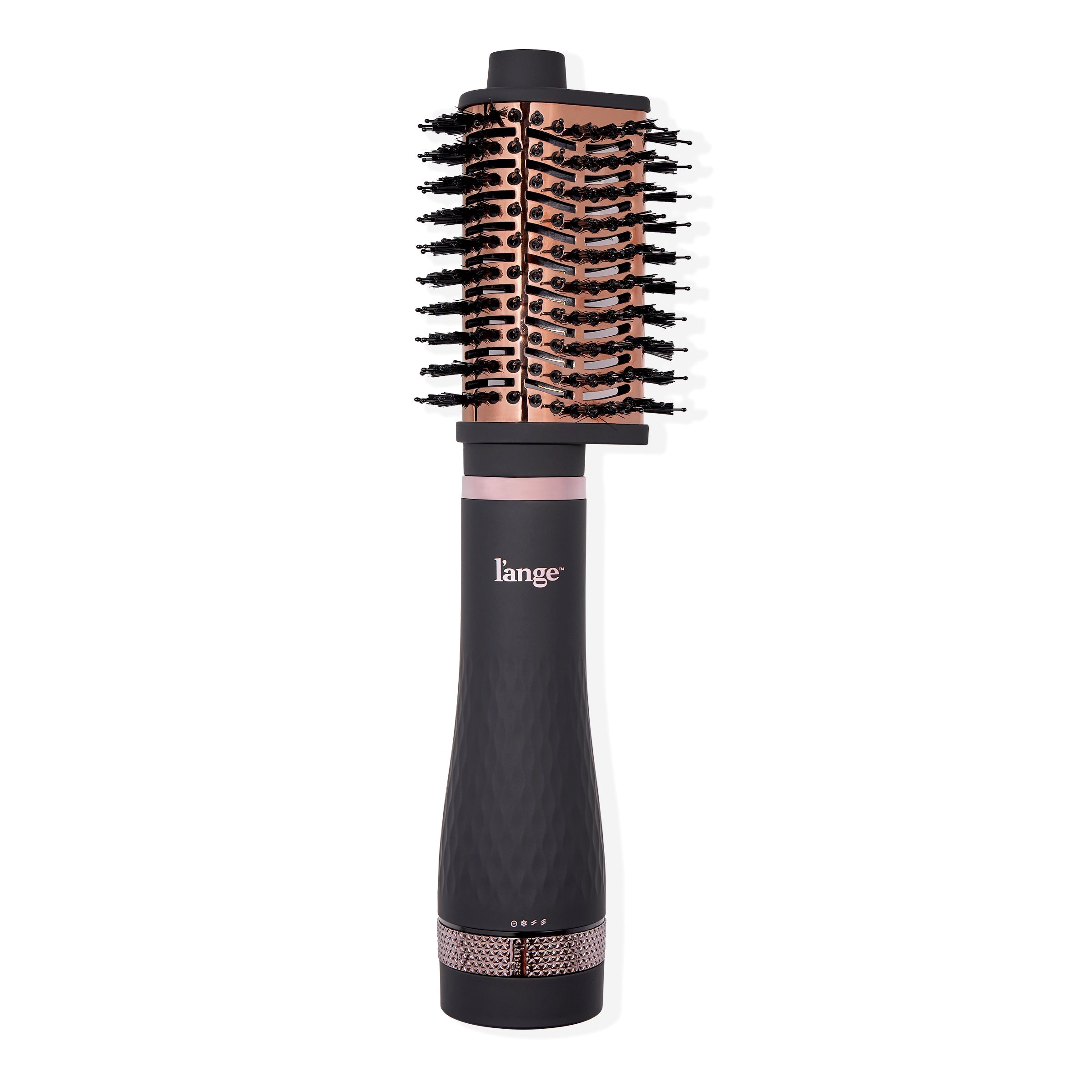 A black and rose gold cylindrical hair styling brush with the brand name "l'ange" on the handle and bristles arranged around the barrel.