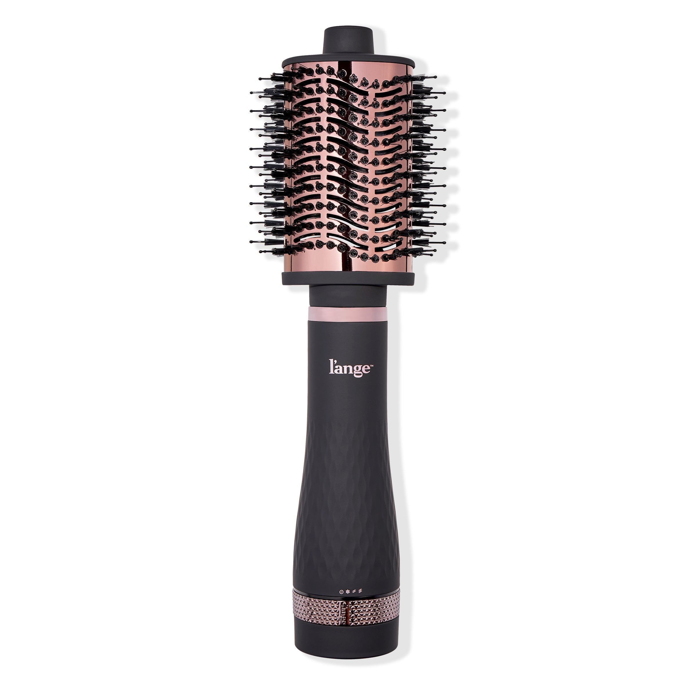 A sleek black and rose gold round brush with bristles designed for styling hair, featuring the brand name "L'ange" on the handle.