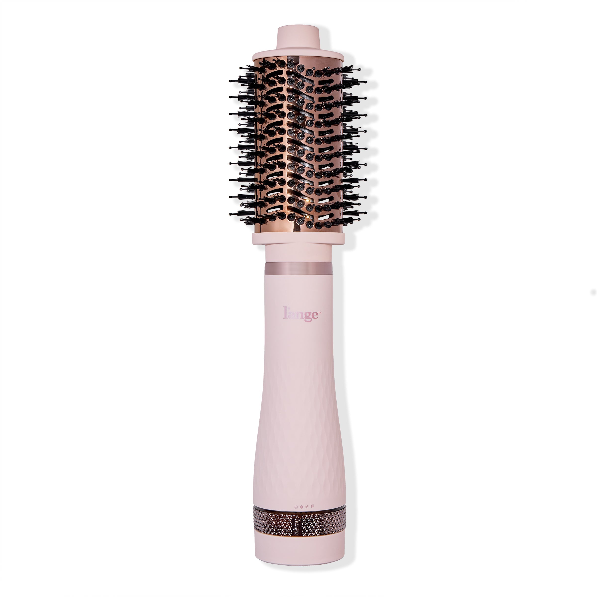 A pink, cylindrical hair styling tool with a round brush attachment featuring black bristles, designed for hair drying and styling.