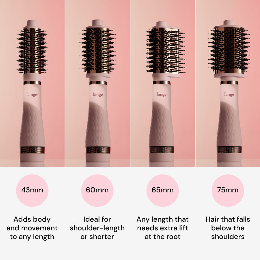 Four cylindrical hairbrushes in varying sizes (43mm, 60mm, 65mm, 75mm) displayed against a pink background, each labeled with suggestions for hair length and styling needs.