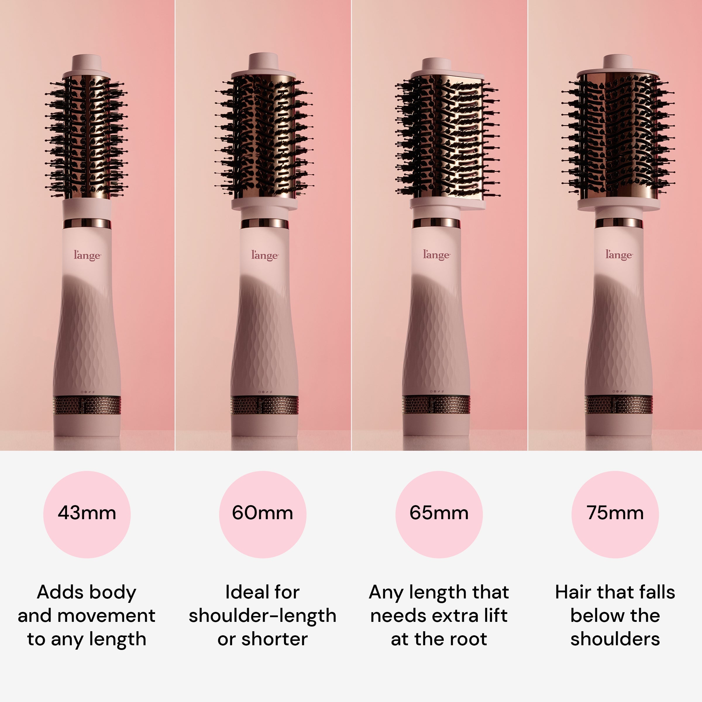 Four cylindrical hairbrushes in varying sizes (43mm, 60mm, 65mm, 75mm) displayed against a pink background, each labeled with suggestions for hair length and styling needs.