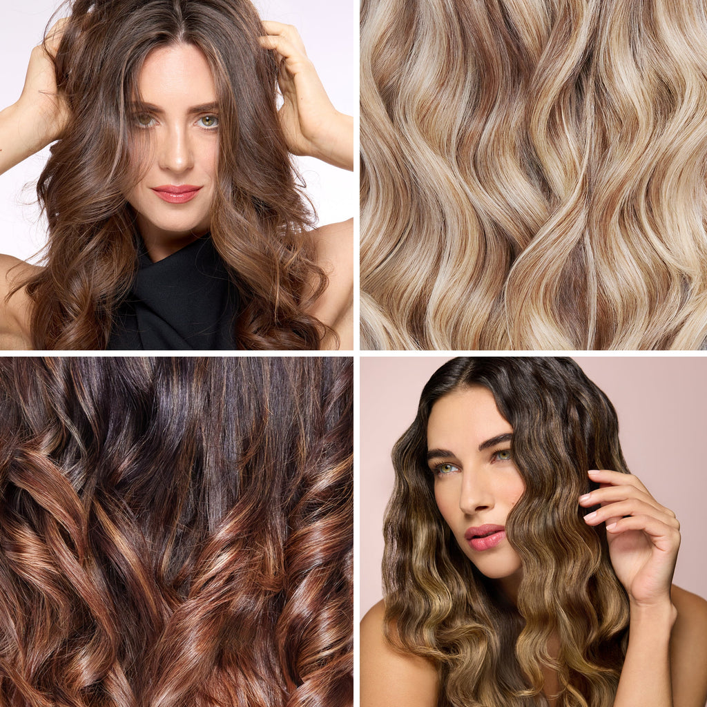Collage of women with different hair types and colors, showcasing smooth, shiny, and defined waves and curls.