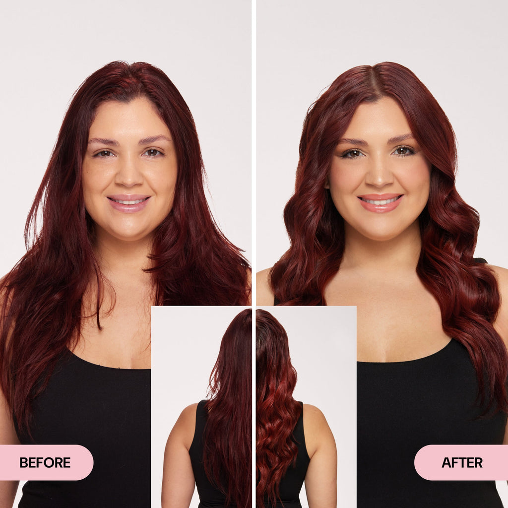 Before and After of woman with red hair. Before, she has unstyled hair and after she has styled, polished hair with loose waves.