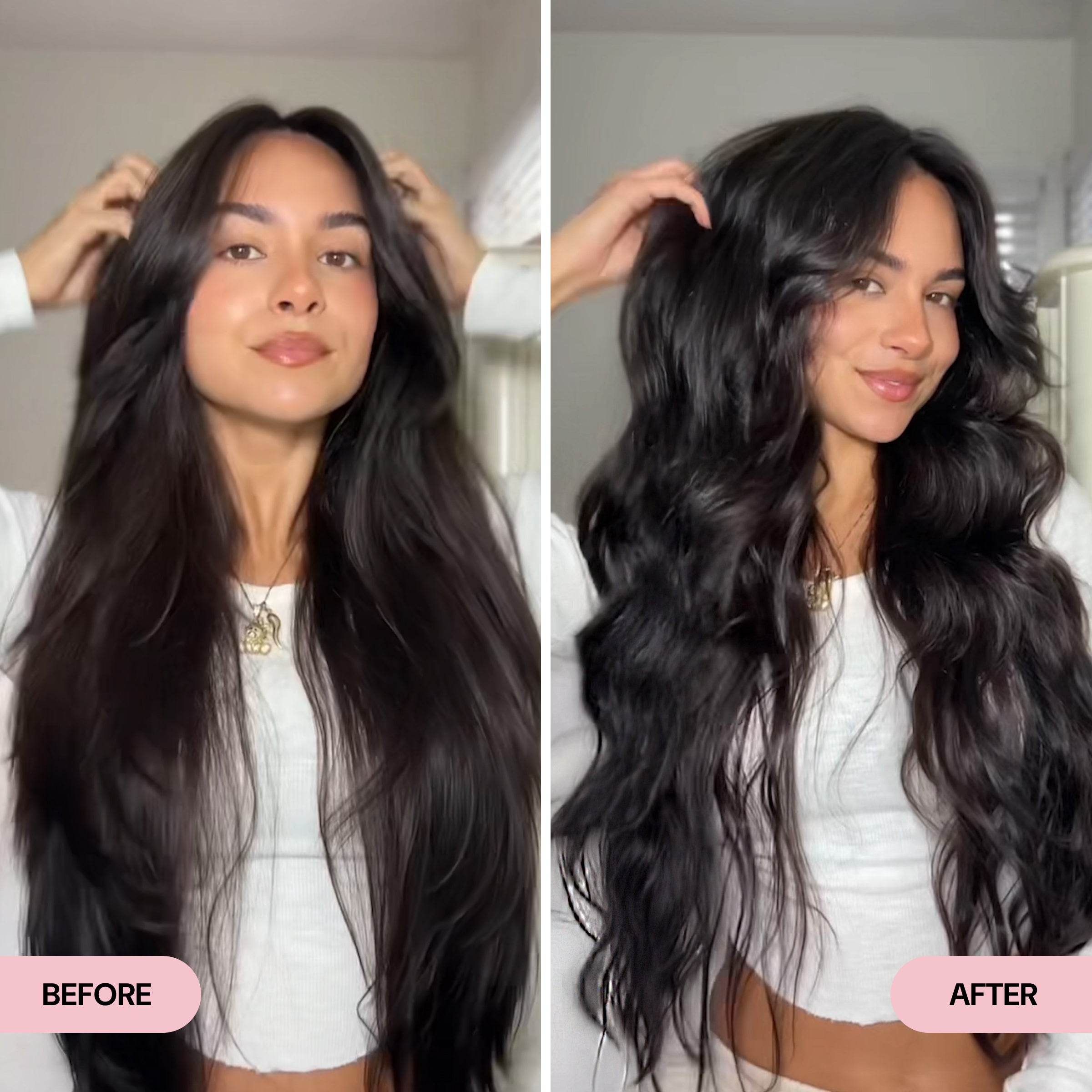 Side-by-side comparison of a woman with long, smooth black hair in the "Before" image and voluminous, defined waves in the "After" image. The transformation highlights added texture, body, and bounce for a more glamorous look.