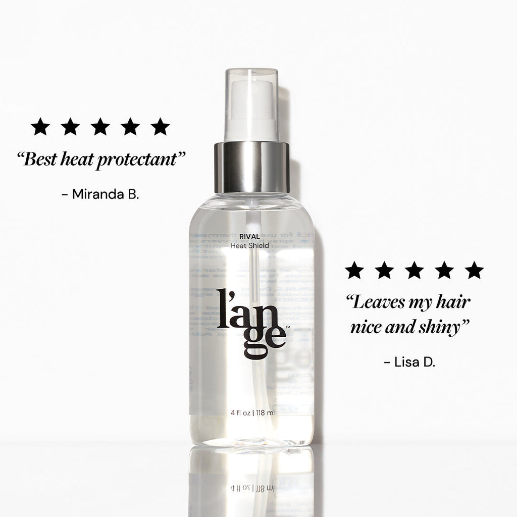 L’ange Rival Heat Shield spray bottle with five-star reviews praising it as the "best heat protectant" and for leaving hair "nice and shiny," endorsed by users Miranda B. and Lisa D.